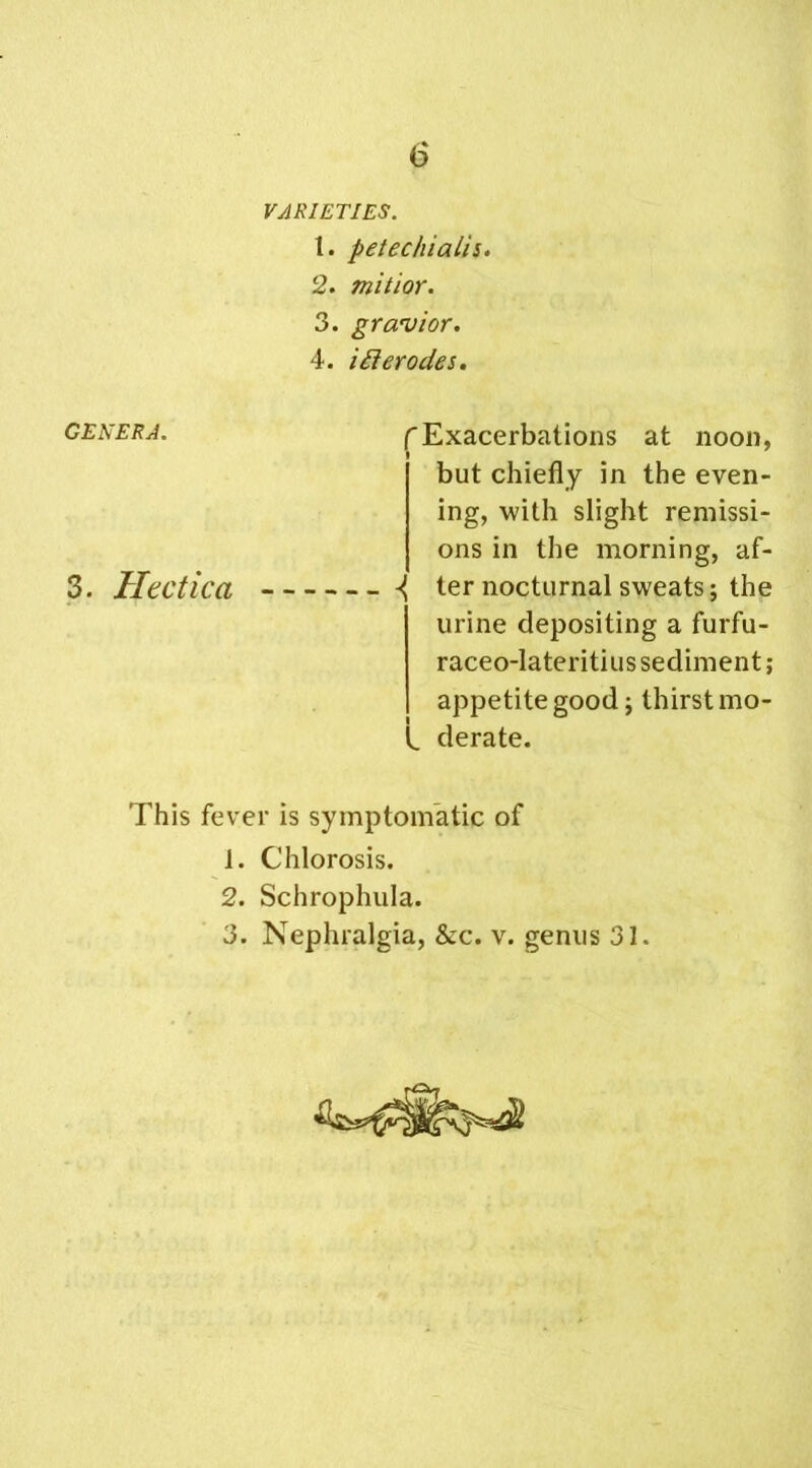 VARIETIES. t. petechialii. 2. mitior. 3. gravior. 4. id erodes. genera. (■ Exacerbations at noon, » but chiefly in the even- ing, with slight remissi- ons in the morning, af- 3. Hectica i ter nocturnal sweats; the urine depositing a furfu- raceo-lateritius sediment; appetite good; thirst mo- ^ derate. This fever is symptomatic of 1. Chlorosis. 2. Schrophula. 3. Nephralgia, &c. v. genus 31.