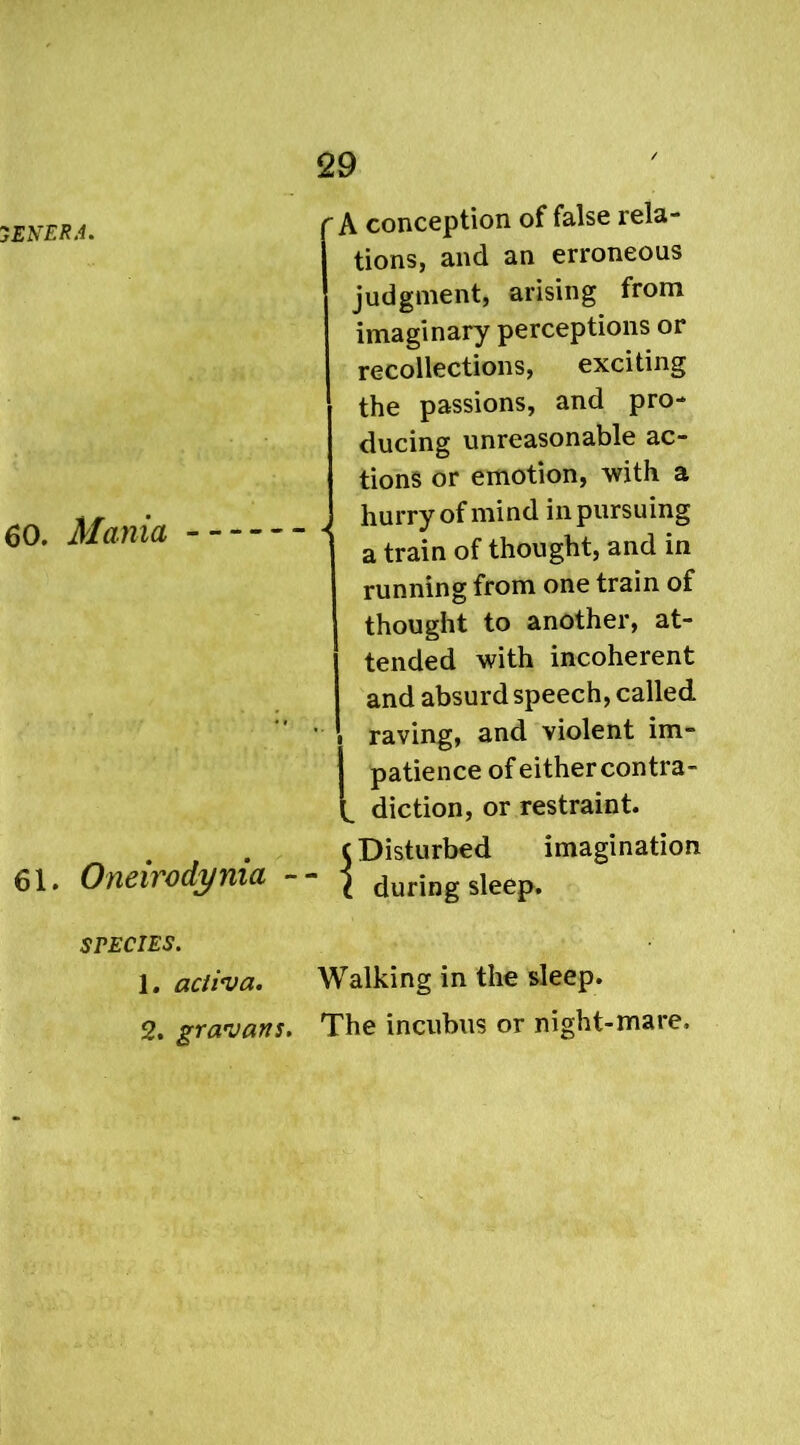 7ENER.4. 60. Mania r A conception of false rela- I tions, and an erroneous judgment, arising from imaginary perceptions or recollections, exciting the passions, and pro- ducing unreasonable ac- tions or emotion, with a hurry of mind in pursuing a train of thought, and in running from one train of thought to another, at- tended with incoherent and absurd speech, called raving, and violent im- J patience of either contra- il diction, or restraint, cDisturbed imagination 61. Oneirodynia -- ^ during sleep. SPECIES. 1. activa. Walking in the sleep. 2. gravans. The incubus or night-mare.