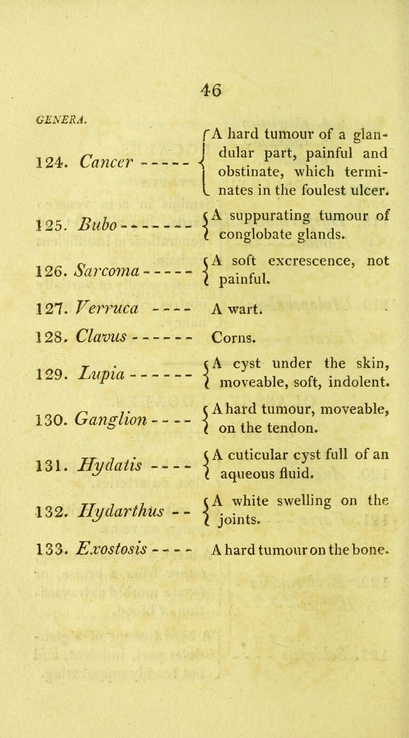 GENERA. 124. Cancer 125. Bubo- 126. Sarcoma - - - - - f A hard tumour of a glan- dular part, painful and | obstinate, which termi- l nates in the foulest ulcer. cA suppurating tumour of \ conglobate glands. (A soft excrescence, not \ painful. 127. Verruca A wart. 128. Clavus - - Corns. 129. Lupia --- 130. Ganglion 131. Hydatis 132. Hydarthus A cyst under the skin, moveable, soft, indolent. A hard tumour, moveable, on the tendon. A cuticular cyst full of an aqueous fluid. A white swelling on the joints. 133. Exostosis - A hard tumour on the bone.