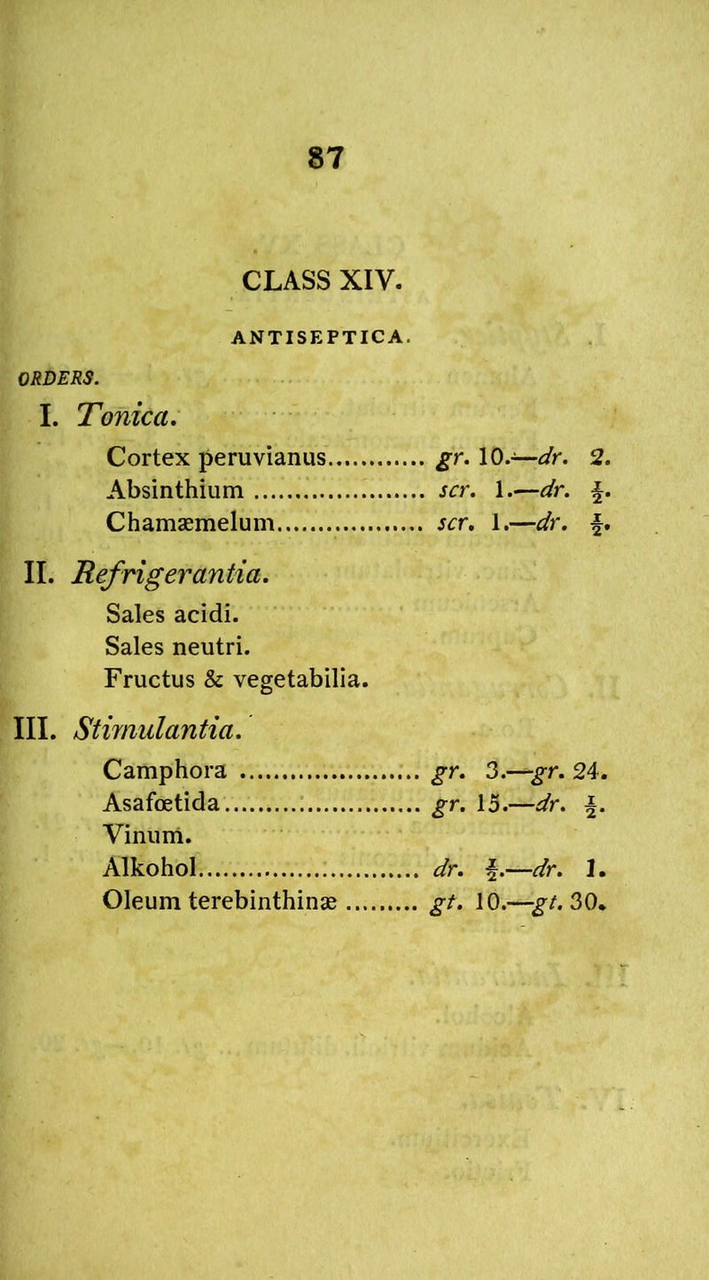 CLASS XIV. ANTISEPTICA. ORDERS. I. Tonica. Cortex peruvianus gr. 10.—dr. 2. Absinthium scr. 1.—dr. Chamaemelum scr. 1.—dr. II. Refrigerantia. Sales acidi. Sales neutri. Fructus & vegetabilia. III. Stimulantia. Camphora gr. 3.—gr. 24. Asafoetida gr. 15.—dr. Vinum. Alkohol dr. —dr. 1. Oleum terebinthinae gt. 10.—gt. 30. IO|H MfH