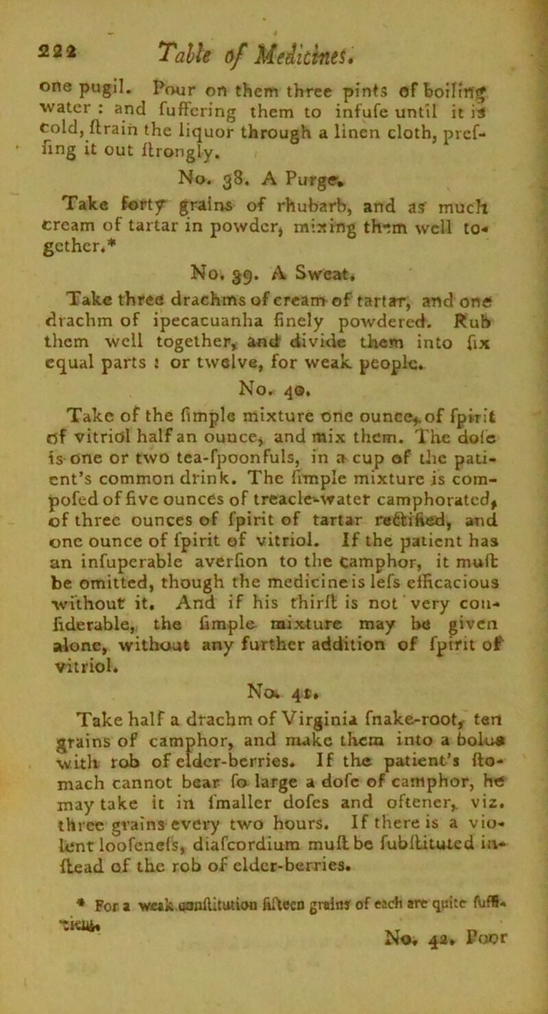 one pugil. Pour on them three pints of boiling water : and fuffering them to infufe until it is cold, ftrain the liquor through a linen cloth, pref- fing it out ftrongly. No. 38. A Purge?, Take fortf grains of rhubarb, and as' much cream of tartar in powder, mixing th-m well to- gether.* No. 39. A Sweat. Take three drachms of cream of tartar, and onet drachm of ipecacuanha finely powdered. Rub them well together, and divide them into fix equal parts : or twelve, for weak, people. No. 40, Take of the fimplc mixture one ounce,.of fpirit e>f vitriol half an ounce, and mix them. The dole is one or two tea-fpoonfuls, in a cup of the pati- ent’s common drink. The frmple mixture is com- pofedoffive ounces of treacle-watef camphorated, of three ounces of fpirit of tartar ratified, and one ounce of fpirit of vitriol. If the patient ha3 an infupcrable averfion to the camphor, it mull: be omitted, though the medicine is lefs efficacious without it. And if his thirl! is not very con- fiderable, the fimple mixture may be given alone, without any further addition of fpirit of vitriol. No. 4*. Take half a drachm of Virginia fnake-root, tert grains of camphor, and make them into a bolua with rob of elder-berries. If the patient’s fto- mach cannot bear fo large a dofc of camphor, he may take it in fmaller dofes and oftener, viz. three grains every two hours. If there is a vio- lent loofenefs, diafeordium muflbe fubllituted in- flead of the rob of elder-berries. * For a weak oanilitution fifteen grains of each are quite fuffl- ‘ZKlih* No, 42. Poor
