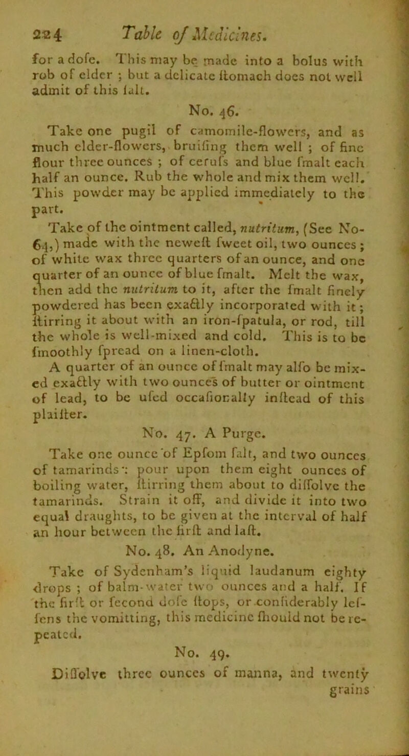 for adofe. This may be made into a bolus with rob of elder ; but a dclicaLc ltomach does not well admit of this ialt. No. 46. Take one pugil of camomile-flowers, and as much cider-flowers, bruifing them well ; of fine flour three ounces ; of cerufs and blue fmalt each half an ounce. Rub the whole and mix them well. This powder may be applied immediately to the part. Take of the ointment called, nutritum, (See No- 64,) made with the neweft fweet oil, two ounces ; of white wax three quarters of an ounce, and one quarter of an ounce of blue fmalt. Melt the wax, then add the nutritum to it, after the fmalt finely powdered has been exa&ly incorporated with it; itirring it about with an iron-fpatula, or rod, till the whole is well-mixed and cold. This is to be fmoothly fpread on a linen-cloth. A quarter of an ounce of fmalt may alfo be mix- ed exactly with two ounces of butter or ointment of lead, to be ufed occafionally inltcad of this plainer. No. 47. A Purge. Take one ounce of Epfom fait, and two ounces of tamarinds': pour upon them eight ounces of boiling water, itirring them about to dilfolvc the tamarinds. Strain it off, and divide it into two equal draughts, to be given at the interval of half an hour between the firlt and laft. No. 48. An Anodyne. Take of Sydenham’s liquid laudanum eighty drops ; of balm-water two ounces and a half. If the firlt or fecond dole (tops, or confiderably lcf- fens the vomitting, this medicine fliouid not berc- No. 49. Di Solve three ounces of manna, and twenty grains