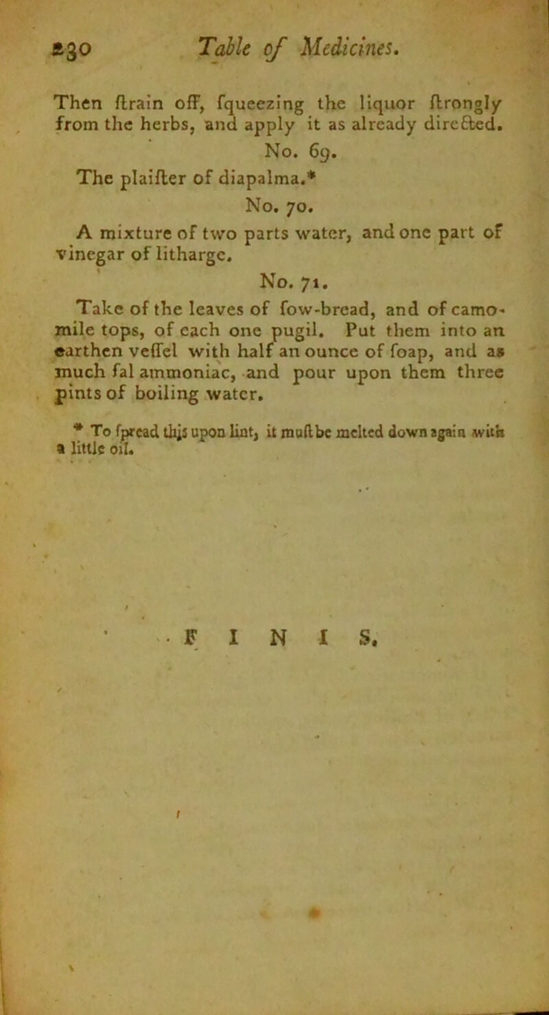 Then drain off, fqueezing the liquor ftrongly from the herbs, and apply it as already directed. No. 69. The plaifter of diapalma.* No. 70. A mixture of two parts water, and one part of vinegar of litharge. No. 71. Take of the leaves of fow-bread, and of camo- mile tops, of each one pugil. Put them into an earthen veffel with half an ounce of foap, and as much fal ammoniac, and pour upon them three pints of boiling water. * To fpread this upon lint, it mull be melted down again with a little oil. • F I N I S. 1 \