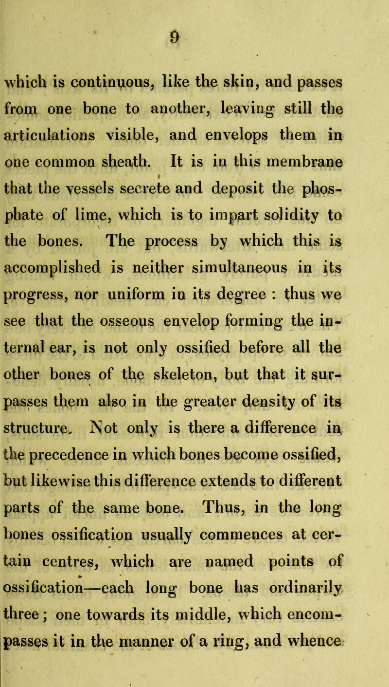 which is contiQuouSj like the skin, and passes from one bone to another, leaving still the articulations visible, and envelops them in one common sheath. It is in this membrane I that the vessels secrete and deposit the phos- phate of lime, which is to impiart solidity to the bones. The process by which this is accomplished is neither simultaneous in its progress, nor uniform in its degree ; thus we see that the osseous envelop forming the in- ternal ear, is not only ossified before all the other bones of the skeleton, but that it sur- passes them also in the greater density of its structure. Not only is there a difference in, the precedence in which bones become ossified, but likewise this difference extends to different parts of the same bone. Thus, in the long bones ossification usually commences at cer- tain centres, which are named points of ossification—each long bone has ordinarily three; one towards its middle, which encom- passes it in the manner of a ring, and whence