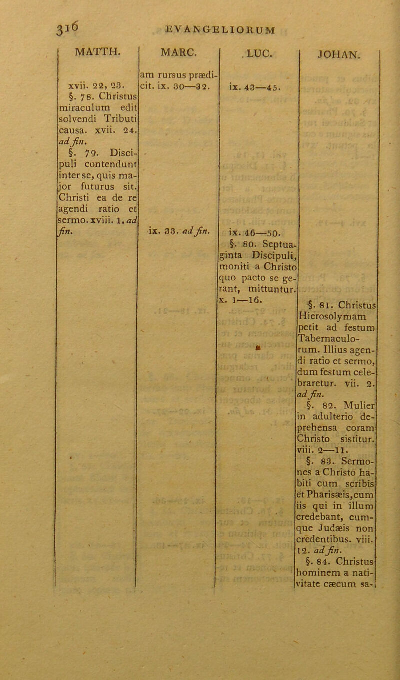 MATTH. MARC. am rursus praedi- . LUC. JOHAN. xvii. 22, 23. §. 78. Christus miraculum edit solvendi Tributi causa, xvii. 24. ad fiu. §. 79. Disci- puli contendunt inter se, quis ma- jor futurus sit. Christi ea de re agendi ratio et sermo.xviii. l.ad cit. ix. 30—32. ix. 43—45. fitt. ix. 33. adjin. ix. 46—50. §. 80. Septua- ginta Discipuli, moniti a Christo quo pacto se ge- rant, mittuntur. T—< 1 r X §. 81. Christus Hierosolymam - petit ad festum Tabernaculo- * * rum. Illius agen- di ratio et sermo, dum festum cele- braretur. vii. 2. adJin. §. 82. Mulier ■ in adulterio de- prehensa coram Christo sistitur, viii. 2—11. i §. 83. Sermo- nes a Christo ha- aiti cum scribis etPharisaeis,cum is qui in illum credebant, cum- ; que Judaeis non credentibus, viii. 12. ad Jin. §. 84. Christus lominem a nati- vitate caecum sa-