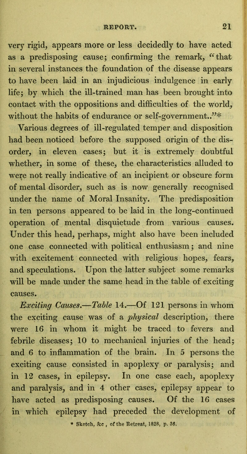 very rigid; appears more or less decidedly to have acted as a predisposing cause; confirming the remark; “that in several instances the foundation of the disease appears to have been laid in an injudicious indulgence in early life; by which the ill-trained man has been brought into contact with the oppositions and difficulties of the world; without the habits of endurance or self-government. Various degrees of ill-regulated temper and disposition had been noticed before the supposed origin of the dis- order; in eleven cases; but it is extremely doubtful whether; in some of these; the characteristics alluded to were not really indicative of an incipient or obscure form of mental disorder; such as is now generally recognised under the name of Moral Insanity. The predisposition in ten persons appeared to be laid in the long-continued operation of mental disquietude from various causes. Under this head; perhaps; might also have been included one case connected with political enthusiasm; and nine with excitement connected with religious hopes; fears, and speculations. Upon the latter subject some remarks will be made under the same head in the table of exciting causes. Exciting Causes.—-Table 14.—Of 121 persons in whom the exciting cause was of a physical description, there were 16 in whom it might be traced to fevers and febrile diseases; 10 to mechanical injuries of the head; and 6 to inflammation of the brain. In 5 persons the exciting cause consisted in apoplexy or paralysis; and in 12 cases, in epilepsy. In one case each, apoplexy and paralysis, and in 4 other cases, epilepsy appear to have acted as predisposing causes. Of the 16 cases in which epilepsy had preceded the development of * Sketch, See , of the Retreat, 1828, p. 36.