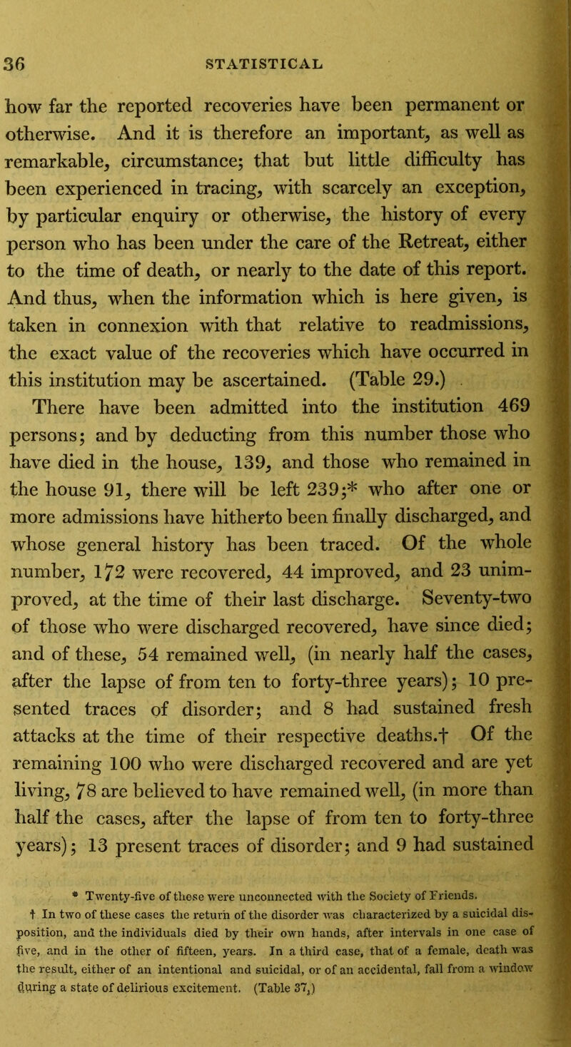 how far the reported recoveries have been permanent or otherwise. And it is therefore an important, as well as remarkable, circumstance; that but little difficulty has been experienced in tracing, with scarcely an exception, by particular enquiry or otherwise, the history of every person who has been under the care of the Retreat, either to the time of death, or nearly to the date of this report. And thus, when the information which is here given, is taken in connexion with that relative to readmissions, the exact value of the recoveries which have occurred in this institution may be ascertained. (Table 29.) There have been admitted into the institution 469 persons; and by deducting from this number those who have died in the house, 139, and those who remained in the house 91, there will be left 239;* who after one or more admissions have hitherto been finally discharged, and whose general history has been traced. Of the whole number, 172 were recovered, 44 improved, and 23 unim- proved, at the time of their last discharge. Seventy-two of those who were discharged recovered, have since died; and of these, 54 remained well, (in nearly half the cases, after the lapse of from ten to forty-three years); 10 pre- sented traces of disorder; and 8 had sustained fresh attacks at the time of their respective deaths.f Of the remaining 100 who were discharged recovered and are yet living, 78 are believed to have remained well, (in more than half the cases, after the lapse of from ten to forty-three years); 13 present traces of disorder; and 9 had sustained I * Twenty-five of these were unconnected with the Society of Friends. t In two of these cases the return of the disorder was characterized by a suicidal dis- position, and the individuals died by their own hands, after intervals in one case of five, and in the other of fifteen, years. In a third case, that of a female, death was the result, either of an intentional and suicidal, or of an accidental, fall from a window Spring a state of delirious excitement. (Table 37t)