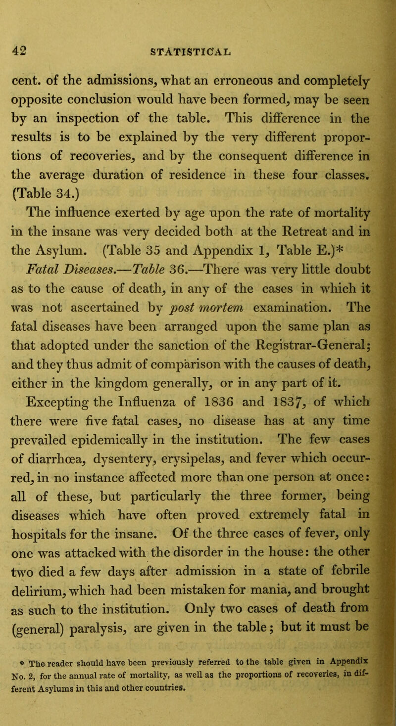 cent, of the admissions, what an erroneous and completely opposite conclusion would have been formed, may be seen by an inspection of the table. This difference in the results is to be explained by the very different propor- tions of recoveries, and by the consequent difference in the average duration of residence in these four classes. (Table 34.) The influence exerted by age upon the rate of mortality in the insane was very decided both at the Retreat and in the Asylum. (Table 35 and Appendix 1, Table E.)* Fatal Diseases.—Table 36.—There was very little doubt as to the cause of death, in any of the cases in which it was not ascertained by post mortem examination. The fatal diseases have been arranged upon the same plan as that adopted under the sanction of the Registrar-General; and they thus admit of comparison with the causes of death, either in the kingdom generally, or in any part of it. Excepting the Influenza of 1836 and 1837* of which there were five fatal cases, no disease has at any time prevailed epidemically in the institution. The few cases of diarrhoea, dysentery, erysipelas, and fever which occur- red, in no instance affected more than one person at once: all of these, but particularly the three former, being diseases which have often proved extremely fatal in hospitals for the insane. Of the three cases of fever, only one was attacked with the disorder in the house: the other two died a few days after admission in a state of febrile delirium, which had been mistaken for mania, and brought as such to the institution. Only two cases of death from (general) paralysis, are given in the table; but it must be * The reader should have been previously referred to the table given in Appendix No. 2, for the annual rate of mortality, as well as the proportions of recoveries, in dif- ferent Asylums in this and other countries.