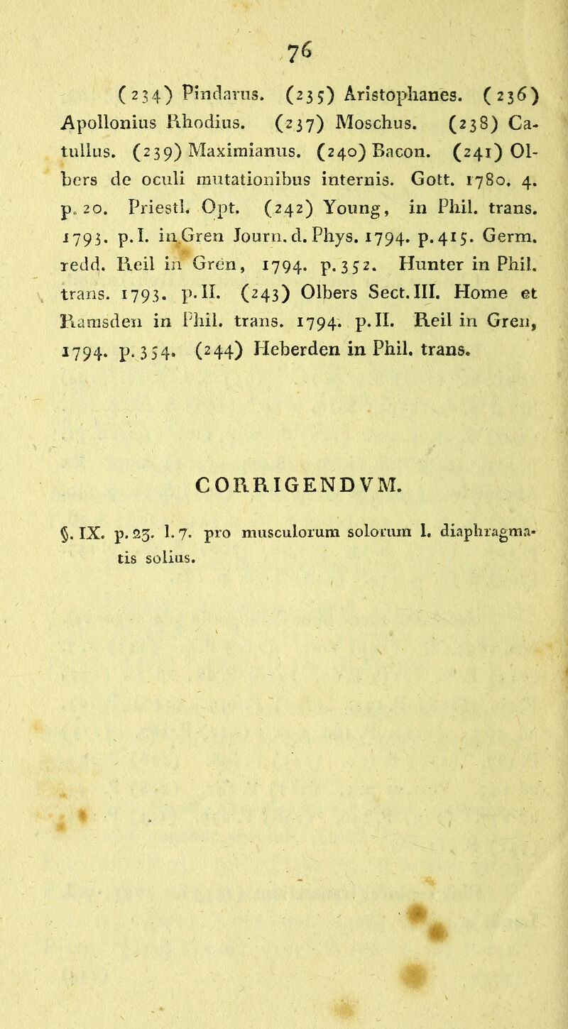 (234^ Pindarus. (235) Aristophanes. (236) Apollonius Rhodius. (237) Moschus. (238) Ca- tullus. (239) Maximianus. (24o)Bacon. (241)01- bers de oculi mutationibus internis. Gott. 1780. 4. p, 20. Priestl. Opt. (242) Young, in Pli.il. trans. 1793. p.I. hi.Gren Journ.d.Phys. 1794. p.415. Germ. redd. Reil in Gren, 1794. p. 352. Hunter in Phil. trans. 1793. p.ll. (243) Olbers Sect.III. Home et Ramsden in Phil. trans. 1794. p. II. Reil in Gren, 1794. p. 354* (244) Heberden in Phil. trans* CORRIGENDVM. §. IX. p. 23. 1.7- pro musculorum solorum 1. diaphragma- tis solius.