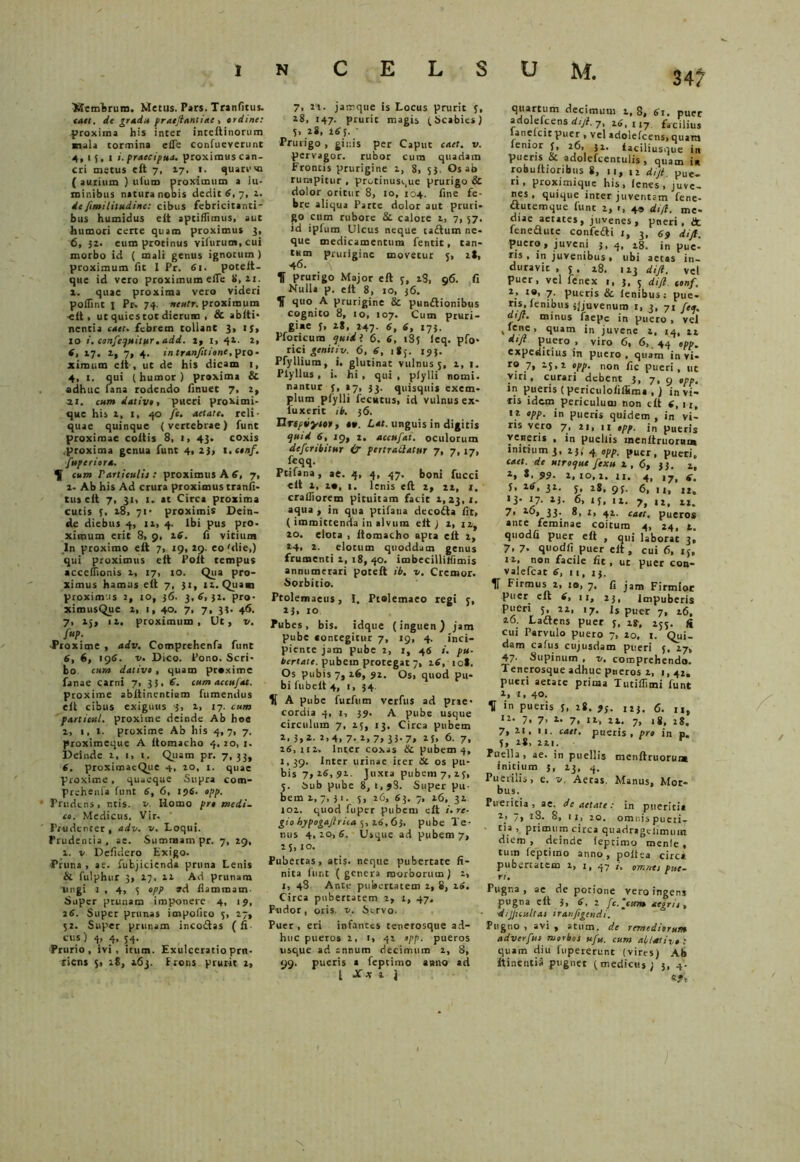 34? Membrum. Metus. Pars. Tranfitus. <att. de gradu pr atfl antiae > ordine: proxima his inter inteftinorum mala tormina efle confueverunt 4, i{, i i. praecipua, proximus can- cri metus eft 7, 17, 1. quarum ( aurium ) ulum proximum a lu- minibus natura nobis dedit 6, 7, 1. deJimililudinc: cibus febricitanti- bus humidus eit aptifltmus, aut humori certe quam proximus 3, 6, 32. eum protinus vifurum, cui morbo id ( mali genus ignotum ) proximum fit I Pr. 61. potett- que id vero proximum eiTe 8, zi. 2. quae proxima vero videri poffint j Pr. 74. neutr. proximum •eit. utquiestotdierum , & abiti* nentia caet. febrem tollant 3. I St 10 i. confcqsiitur. add. 2, i, 42. 2. 6, 27. 2, 7, 4. in tranfitione, pro- ximum eit, ut de his dicam 1, 4, 1. qui (humor) proxima & adhuc fana rodendo iinuet 7, 2, 21, cum dative, pueri proximi- que his 2, 1, 40 /c. aetate, reli- quae quinque (vertebrae) funt proximae coitis 8, 1, 43. coxis .proxima genua funt 4, 23, i.ctnf. fuperiora. ^ cum rartieulii: proximus A 6, 7, 2. Ab his Ad crura proximus tranfi- tus eit 7, 31, 1. at Circa proxima cutis f, 28, 71* proximis Dein- de diebus 4, 12, 4. Ibi pus pro- ximuin erit 8, 9, 26. ii vicium In proximo eit 7, 19, 29. eo'die,) qui proximus eit Poit tempus accellionis 2, 17, 10. Qua pro- ximus hamus eit 7, 31, 12. Quam proximus 2, 10, 36. 3,6, 32. pro- ximusQue z, 1, 40. 7, 7, 33. 46. 7, 25, 12. proximum. Ut, v. fup. •Proxime , adv. Comprehenfa funt 6, 6, 196. v. Dico. Pono. Scri- bo cum dative , quam proxime fanae carni 7, 33, 6. cum accufat. proxime abitinentium Tumendus eit cibus exiguus 3, 2, 17. cum particul. proxime deinde Ab hoa 2, 1,1. proxime Ab his 4,7, 7. proximeque A itomacho 4. 10, 1. Deinde 2, 1, i. Quam pr. 7,33, 6. proximacQue 4, 20, 1. quae proxime, quaeque Supra com- prehenfa funt 6, 6, 196. opp. Prudens, r.cis. v. Homo pre medi- ce. Medicus. Vir. Prtidtnter , adv. v. Loqui. Prudentia, ae. Summam pr. 7, 29, 2. v Dcfidero Exigo. Pruna , ae. fufcjicienda pruna Lenis & fulphur 3, 27, 22 Ad prunam Ungi 1 , 4, 3 opp ad dammam Super prunam imponere 4, 19, 16. Super prunas impolito 5, 27, 52. Super prunam incodtas (fi cus) 4, 4, 54. Prurio, ivi, itum. Exulceratio pru- riens $, 18, 263. Frons prurit 2, 7, 21. jarrque is Locus prurit y, 28, 147. prurit magis (Scabies) 5, 28, 16 5. ' Prurigo , giuis per Caput caet. v. pervagor, rubor cura quadam Frontis prurigine 1, 8, 53. Os ab rumpitur , protinus,.,ue prurigo & dolor oritur 8, 10, 104. fine fe- bre aliqua Parte dolor aut pruri- go cum rubore 8c calore 2, 7, 57. id ipfum Ulcus neque taftum ne- que medicamentum fentit, tan- tum prurigine movetur y, 28, 46. f prurigo Major eft 5, 2S, 96. fi Nulla p. eit 8, 10, 36. H quo A prurigine & punftionibus cognito 8, 10, 107. Cum pruri- gi»e y, zS, 247. 6, e, 173. Pforicura quid i 6. 6, 183 ieq. pfo* tici genitiv. 6, 6, ijy. 153. Pfyllium, i. glutinat vulnus 5, 2, 1. Plyllus, i. hi, qui, pfylli nomi, nantur f, 27, 33. quisquis exem- plum pfylli fecutus, id vulnus ex- fuxerit ib. 36. Tlrtpvytor, ttt. Lat. unguis in digitis quid 6, 19, 2, accufat. oculorum deferibitur ir pertraHatur 7, 7,17, feqq. Ptilana, ae. 4, 4, 47. boni fucci eit 2, z*, t. lenis eft 2, 22, 1. crafliorem pituitam facit 2,23,1. aqua , in qua ptifatia decodta fit, (immittenda in alvum eit ) 1, 1 z. 20. elota , itomacho apta eit i, 24, 2. elotum quoddam genus frumenti 1, 18, 40. imbecilliiTimis annumerari poteft ib. v. Cremor. Sorbitio. Ptolemaeus, I. Ptolemaeo regi y, 23, 10 Pubes, bis. idque (inguen) jam pube contegitur 7, 19, 4. inci- piente jam pube 2, 1, 44 i. pu- bertate. pubem protegat 7, 16, ici. Os pubis 7, 26, 92. Os, quod pu- bi fu b e it 4, i, 34 A pube furfum verfus ad prae* cordia 4, 1, 39. A pube usque circulum 7, 25, 13. Circa pubem 2, 3,2- 2,4, 7• z, 7, 33-7» 25, 6. 7, 26,111. Inter coxas & pubem 4, 1,39. Inter urinae iter & os pu- bis 7,16,91. Juxta pubem 7, zy, y. Sub pube 8, 1, jS. Super pu- bem 1, 7, 31. y, 26, 63. 7, 16, 31 102. quod fuper pubem eit /. re- gio bypogaflrica y, 26, 63, pube Te- nus 4, zo, 6. Usque ad pubem 7, 25,10. Pubertas, atis. neque pubertate fi- nita funt (genera morborum) 2, 1, 48 Ante pubertatem 2, 8, 16. Circa pubertatem 2, 1, 47. Pudor, oris. v. Servo- Puer , eri infantes tenerosque ad- huc pueros 2, 1, 42 opp. pueros usque ad annum decimum 2, 8, 09. pueris a feptimo asino ad t JT* 2 J quartum decimum t, 8, 61. puer adolefcens di fi. 7, 26,1,7 facilius lanelcit puer , vel adolefcens, quam femor {, 26, 32. iaciliusqtTe in pueris & adolefcentulis, quam i* robuitioribus 8, 11, l2 dijt. pue- ri, proximique his, lenes , juve- nes, quique inter juventam fene- ctutemque funt 2, 1, 4« d,jl. me- diae aetates, juvenes, pneri, dt feneflute confcdti j, 3, 69 dijt. puero, juveni 5,4, 18. in pue- ris , in juvenibus, ubi aetas in- duravit , y. 18. 123 dijt. vel Puer, vel fenex 1, 3, y difl conf. 2, 10, 7. pueris & lenibus: pue- ris, lenibus jjjuvenum 1, 3, 71 feq. difl. minus faepe in puero , vel V j6 • quam in juvene t, 14, 21 difl puero , viro 6, 6, 44 opp. expeditius in puero , quam in vi- ro 7, iy,i opp. non fic pueri, ut viri, curari debent 3, 7, 9 opp. in pueris (periculofifSma , ) invi- tis idem periculum non eit 6, 1,, 12 opp. in pueris quidem , in vi- ris vero 7, 21, ir opp. in pueris veneris , in puellis inenltruorum initium 3, iy( 4 opp. puer, pueri, caet. de utroque fexu z , 6, a. 2, i. 99. 2.10,2. I,. ? V7f 6. y, 26, 32. y, 28, 9y, 6, ,,t •3* 17. 13. 6, ly. 12. 7f Ilf 7, 20, 33. 8, 1, 42. caet. pueros ante feminae coitum 4, 24, t. quodfi puer eft , qui laborat 3^ 7. 7- quodfi puer eit, cui 6, iy, 12, non facile fit , ut puer con- valefcat 6, 11, 1 j. 1f Firmus 1, io, 7. fi jam Firmior puer eft 6, 11, 23, Impuberis Pueri y, 21, i7. is piler 7, 26, 20. Ladtens puer y, zt, 2yy. fi cui Parvulo puero 7, 10, t. Qui- dam cafus cujusdam pueri y, 17, 47- Supinum , v. comprehendo. Tenerosque adhuc pueros 2, 1,42. pueri aetate prima Tutiflitni funt 2, t, 4°. II in pueris y, 2«. 9s. 11}. 6. n, '2* 7. 7• 2. 7, 12, 22. 7, 18, 28. 7, 21. 11. caet. pueris, pro in n. y, 28, 11,. r e Puella, ae. in puellis nienftruorui» initium 5, 23, 4. Puerilis, e. v. Aetas. Manus, Mor- bus. Puericia , ac. de aetate: in pueritia 2» 7, 18. 8, ii, 20. omr.is pueri- tia, primum circa quadragclimum diem , deinde feptimo menle , tum feptimo anno, poifea circa pubertatem 2, 1, 47 i, omnes pue- ri. Pugna , ae de potione vero ingens pugna eft 3, S, a fc. ‘cum aegris, d/JJiculfaj ir aufigendi. Pugno , avi , atum. de remediorum adverfus morbos ufu. cum ablativo : quam diu fupererunt (vires) Ab itinenti» pugnet (medietis; 3, 4'. e?»