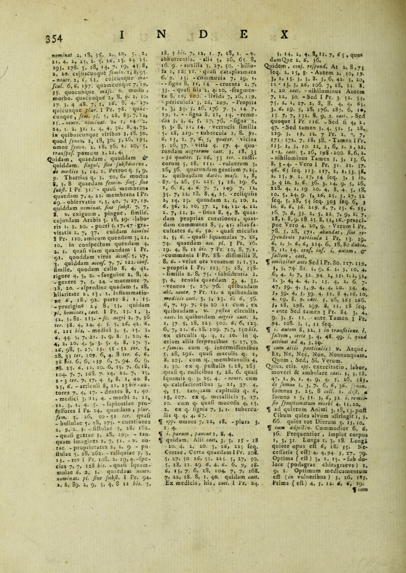 INDEX nominat z, 18» 34. 2,- 10> 5* Xi» 4. 2, 15> 1- 5> 2<>. z3- 19J. 178. 3, 2S, 14. 7’ ,'9- 45; 8. X, ia. cujuscunque femin. 2, S, 95- -neutr. 1, i. xi. cuicunque yi-w/. 6,4, 157. quamcunque 7,19. 3 y. quocunque mafc. v. modo > morbo, quacunque i, 8, 9- 2, xo> 17- 3. 4 48. 7. 2* S. 4. 17> quicunque I Pr. 78- quae- cunque , fern. pl. 5, iS, 8317,22, xy.-neutr. nominat. x> 1» *4- 2. X4, 1. x, 31, 1. 4, 4, 3S- 8-4>73* in quibuscunque viribus 3, iS. 30. quod fynon. 2, 18, 30. 7, 26, 193, omne fynon. z, 18, 36, 2, zo» y. tranfpof. pomum z,ii,4> Quidam, quaedam, quoddam &r quiddam, fingu/, fine fubfidntivo . de medico 3, 14, z. Petron q. 3, 9, 9. Tharrias q. 3> 20, 6» modus 5, 3, 8 quaedam femin. fing. fine fnbji. I Pr. 31. - quaii membrana quaedam 7,4, xi* membrana L Pr. 69. - obiervatio »>3. 4°> 7> 27,19. quiddam nominat, fine fubfi. 7, 7, 8. v. exiguum , pingue , fimile. cujusdam Arabis y. 18, 39- -labo- ris 1» 3. 20, - pueri y» 17,47 Bra*. vitatis z, 7, 37. cuidam homini 1 Pr. 110. amicum quendam 3, zr, 10. in confjjedlum quendam 4, 2, 1, quaii viam qitandam i Pr. 91. quoddam virus accuf. 5, Z7, 3, quiddam accuf. 7» 7» lil.conf. fimile. quodam callo 8, 4, 41. rigore 4, 3, 2. -fanguine x, 8, +• _ genere 7, y, 24 - murmure 7» 38, 20. - afpredine quadam y, 28, hilaritate z, 13, 2. inflammatio- ne 6, 18, 92. parte 8, 1, iy. -prurigine z, 8, 3 3« quidam fl. homines t caet. I Pr. 13. I» 3> 32, y, 82. 113- -/d eitgri 2, 7, }6 ter. 38. 4> 24> 4- .5-. 5. 24, 42. 4, 6, 111 bis. - medici 3, y, iy. 3. 4, 44. 3, 7, 2i. 3- 9> 8. 3. 2o, 4. 4, 2, zo. 4, 3, 3. y. 4. 8, 17. y. 1 4, 98. y. 27. IJ- SI - 52 tir. y, 28,33 ter, 109. 6, 4, 8 ter. 4. 4, yg fis. 6, 6, i39 6, 7. 94- 6, 9, »8. xy. 4, 11, IO. 6, iy, 7. 6,18, 104. 7, 7, 163. 7- 14. 21. 7, iy, 2-3 ter. 7, 17, 4 5, 8, 1, 40. 8, xy, 4. - articuli 8, n, »3 **»“- rores 7, 4, 17. - dentes 8, 1, 4°- -medici 3, n> 4- - morbi 2, is, 11. 3, i> 4. 5* - fapientiae pro- feiTores I Pr. 24. quaedam , plur. ftm. y, 16, yo-yi ter. quafi -bullulae y, 28, 175. - curationes 1, 9. 1. 3- - fiftulae y, 28, 161. - quali guttae J, iS, 193- - «n- quam imagines i» 7» 51* no* tae. - proprietates 2, i> 9 - pu* itui a e y, 28, 162. - reliquiae 3, 3. 13. - res I Pr. 108. 1, 19, 4.-fpe- cies 7, 7, 128 bis. - quali fquam- aaulae 4, 2, j. quaedam ?;e«rr. nominat, pl. fine fubfi. I Pr. 94. x, 8, 89. 1, 9, y, 4. 8 11 bis. y, 18, 3 bis. 7, n, 1. 7, 18, !. - v. abhorrentia, -alia y, 25, 6y. 8, 16. 9. - auxilia y, 17, yo. - bilio- (a 2, ii, 11. -quali cataplasmata 5, 9, 13. .communia 7, 19, 1. - * ligna 8, 11, 14 -cruenta 1,7, 33. - quali fila 2, 4.20. -fragmen- ta 8, 10, 100. - livida 7, 26,129. -periculola y, 14, 209. - 1’ropria 1, 3, 34- S. 26, 176 7. y, 14. 7, 19, 1. «-ligna 8, n, 14. -reme- dia 3, 2, 4, y, 27, 76, -ligna 2, y, 3. 8, ii, 14. - verrucis limilia y, 28, 219. - tubercula 2, 8. 91. 4, 13, I. 7, 4, y, quater. - vicina y. 26,37. - vicia 4. 17. 4. quo- rundam aegrorum caet. 3, 18, 33 -34 quater, f, 24. 33 ter. - rulti. eorum 5, 28, ni. -vulnerum 5, 26,36. quarundara gentium 7, Zy, z. quibusdam daciv. mafe. z, 8, 87. y, 26, y2. zzy. y, 18, 29. 6, *j 6. 4, 4, 4. 7, 7, 149 7. iz, 3y. 7, 22, 18. 8,4, zy. -reliquiis x, 14, iy. quosdam 1, 1, 20. 2, 6, 16. 2, 10, 37. X, 14, IX. 4. 12, 1. 7, 11, 3* - linus 8, 4, 8. quas- dam proprias curationes, quas- dam communes 8, 3, 41. alias fa ■ cultates 4, 4, yo. - quali miculas 2, y, 4. - quali fquamulas 7, x4, 74. quaedam 4cc. pl. j Pr. 16. 19. 4, 8, 11 bis. 7 Pr. 10, 8, 7,1. -communia I Pr. 83. - dilfimilia 8, 8, 4. - velut ora venarum 2, 1, yi. -propria I Pr. 113. y, 28, 158. • limilia 2, 8, 7y, - fublidentia 2. y, 6. tenuia quaedam 7, 4, 33. - venena y, 27, 76. quibusdam abi. neutr. 7 Pr. ti. a quibusdam medicis caet. 3, 3, 23. 4, 4, y6. 4, 7, 19. 7, 14, 20 2i. cum, ex quibusdam, v. poftea circulis, caet. in quibusdam aegris caet. 2, x, 37. y, 28, 22y. 300. 4, 6, i2}. 6, 7, 11. 4, iS, 109. 7,7, lyot/j. ex circulis q. 4, 1, 10. in q. etiam aliis ferpentibus y, 27, 50. • femin. cum q. intermiflionibus y, 28, 29S. quali maculis q. 2, 8, ioy. cum q. ,membranulis 4, 1, 30. ex q. pullulis y, 28, 263 quali q. radicibus y, 28, 6. quali Iquamis q. 3, 2y, 4. -neutr. cum q. calefacientibus 3, 21, 37. 4, 4, yy. tanquam capitulis q. 4, 18, 107. ex q. metallicis y, 17, 10. cum q. quali mucofis 4, 1 y, 2. ex q. lignis 7, 3, 1. tubercu- lis q. 4, 4, <>7. fl opp. omnes 7, 22, 18. -plura 3, 2 , 4. fl parum , paucus 2, 8, 4. fl quidam. Alii caet, 3, y, iy - 18 • 10. 4, 2, 10. y, 16, 22y feq. Certae, Certa quaedam 1 Pr. 108. 5, 27, yo i$, yz. ny. y, 27, yo. y, 28, 22. 29. 4, 4, 4. 6, 9, 18. 4, 1 y, 7. 6, rS, 104- 7, 7, 168. 7, 22, 18. 8, 1, 40. quidam caet. Ex medicis, his, cutt. 1 Pr. 24. f> «4. 2, 4> 8,11. 7, 4 y , quo* damQue x, 4, 36. Quidem , conj, refpond. At x, 8,73 leq. x, iy, 8- - Autem x, 10, ij. 3» 1 * >y- }> 5. 8. 3, 6, 41. 3, xo, iz* 13. y, 14, ro6. 7, 18, xi. s. 1, 10 caet. -nihilominus Autem 7. 12. 5°. -Sed 1 Pr. 3. yx. y4, 75- 1. 1. 17- 2, 8, 8. 4, 4, 6y. 3, 6» 19. 5, 28» 176. 287. 6, i«, iy. 7, 7, iji. S, 9, x. caet. - Sed quoque I Pr. n4. -Sed fi 4, x, 47. - Sed tamen 3, 4. yi. y, 18, 229- 3. 19. 11. 7 Pr. x. 7, 7, 171-172. 7, 18, 38. - Tamen 1 Pr. 113. 1, 3, 10. 12. 2, 6, 1. 2, 12, 1 *2. c««.. y, 26, 198.200. 8,6,2. -nihilominus Tamen 5, 3, 13. 6, 8, 3-4. - Vero I Pr, 31. 12. 37. 46- 6i feq- U3- i«7. 2, 1,33.38. 2, 15, 9. 2, 17, 14 feq, 3, j jn, 3> 4 in. 3, 4. 36. 3, 14, 9. y, x6, 228. 4, I, 19. xo. 4, 8, 4. y, 18, 10. y, 24, 9. y, 26, iy. 5, 27, 12 leq. y, 28, y4 feq. 303 feq. 6, j in. 6, 6, 36. 219. S, 7, iy. 6, iy, 'e 12 7’ 9» *i 7. 2°, i- 8,9, 18. zy. 8, 11, if.-praeci- pue Vero 4. 20, 9. - Verum I l>r. 7S. j, 18, 171. abundat, fine re- fpondente particula I Pr. 13. 19. I, 3- S, 6, 214. 6, 18,80 dubie. 8, ii, 14. conf. inf. i. autem, ©• [altem , ctki, ^ «»s/»«r*r*„f*$ed IPr. 80. 117.119. 1, 3, 74’ 81. 1, 9, 6. 2. 3, 10, 4, 6, 4- 2, 7, 32. 94. 2, ij, 1,2,33, !• 3’ 4, 4. 4, 1, ij. 4, 2, 6. 7. 47, S9. 4- 3, 9. 4, 4, 20- 34. 4, 3, 39- 4, J, 39. 4. 11, 8 4, i£, 10. 4, 19, 8. 9. c<m. j, 26, xgj 166. 3» 28, 298. 299. 8, u, 28 feq. - ante Sed tamen 1 Pr. 84. 3, 4, 9- 3, S. 11. - ance Tamen 1 Pr, 94. 108- 3, 1, 11 feq. H >■ autem S, 22, 1 in tranfitione. i. faltem, certe 3, 4, 48. 49. i. ,ju,d attinet ad a,, 3,29. fl' cum aliis particulis: v. Atque, Et, Ne, Nec, Non, Nonnunquam, Quum , Sed, Si, Verum. Quies, eris. opp. exercitatio , labor, moveri & ambulare caet. 1, 3,18. 47, i, 9, 1. 4, 9« 4- 3, 26, i8j. de fomno 1, 3, 7. 6, 6, 36. fynon. fomnus j, 25, 8 coti. 1. di fi. « fomno 1 3, 3t. 3, 6, jz i.remis* fio fymptomatum morbi 4, 11,20. fl ad quietum Animi 3, 18, ij.po/t Cibum quies alvum afiringit 1, 3, 66. quies tot Dierum 3, ij, 10. fl cum adjecliv. Commodior 6, 6, }6. Frequenrior , implet corpus 1, 3* 31- Longa 1, 3, 18. Longi quiete opus eit 6, 18, jy. Ne- celiaria ( elt) 4, 4,94. j, 17, yg. Optima ( elt) 3, 2, iy. -fub do* lore (podagrae chiragraeve) I, 9, 1. Optimum medicamentum elt (in vulneribus ) 3. 26, i8j. Pcitna ( elt) 4, j, 12. d, f, 19. fl cum