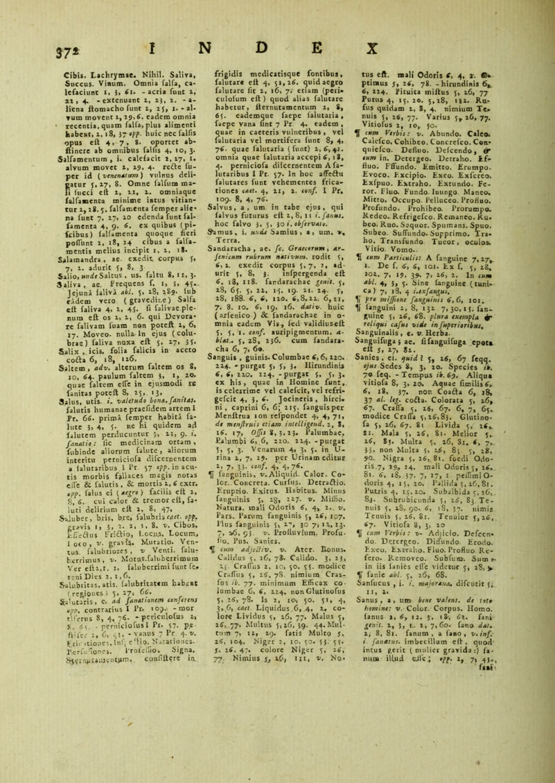 37* Cibis. Lachrymie. Nihil. Saliva, Succus. Vinum. Omnia falfa, ca- lefaciunt I, 3. 61, -acria funt l, it, 4. -extenuant 1, 13, t. - a- liena ftomacho funt 1, 15, 1. - al- vum movent 1,19,6. eadem omnia ' recentia, quam falfa, plus alimenti kabent, 1,18, 37 opp. huic nec falfis opus eft 4, 7, 8. oportet ab- ftinere ab omnibus falfis 4, 10, j. Salfamentum , i. calefacit 1,17, 1. alvum movet 1, 19. 4- refle fu- per id (venenatum) vulnus deli- gatur 5,27, 8. Omne falfum ma- li fucci eft 1, vt, 1. omniaque falfamenta minime intus vitian- tur 1, 18.5. falfamenta femper alie- na funt 7, 17, 10 edenda funt fal- famenta 4, 9. 6. ex quibus (pi- fcibus) ialfamenta quoque fieri poliunt 1, 18, 24 cibus a falfa- mentis melius incipit 1, t, 18. Salamandra , ae. exedit, corpus J. 7, 1. adurit 5, 8, 3 Salio, unde Saltus , us. faltu 8,11,3. Saliva , ae. Frequens f. 1, 5. 4?.- Jejuna falivi abi. 5, z8, 189. fub eadem vero (gravedine) Salfa e it faliva 4. 1. 4?. fi falivae ple- num eft os 1, 1, 6. qui Devora- re falivam fuam non potefl 1, 6, 17. Moveo, nulla ln ejus (colu- brae) faliva noxa eft 5, 17» >?• Salix , icis, folia falicis in aceto cofta 6, 18, 116. Saltem , adv. alterum faltem os 8, 10, 64. paulum faltem 3, 1, 20. quae faltem efie in ejusmodi re fanitas poteft 8, 25, 13, Salus, utis. i. valetudo bona, fanitai. falutis humanae praefidem artem 1 Pr. 66. prima, femper habita fa- llite 3, 4, i- ne «i quidem ad ialutem perducuntur 3, 21, 9. i. fanatio: fic medicinam ortam, fubinde aliorum falurc, aliorum interitu perniciofa difeernentem a lalutaribus 1 Pr 57 opp. in acu- tis morbis fallaces magis notas eiTe & falutis, & mortis 2, e extr. tpp. lalus ei (aegro) facilis eft 2, S, 6. cui calor & tremor eft, fa- luti delirium eft 2, 8, 47, Saluber, bris, b.re, falubris enet. opp. gravis i, 3, 2. 2, 1, 8. v. Cibos. Efiedlus Friiftio, Locu.s, Locum, 1 oco, v. gravtS. Mutatio. Ven- tus. falubriores , v Venti, falur herrimiis, v. Motus.faluberrimum Ver efU.i, 1, faluberrimi funt fe* reni Dies 2, 1,6. Salubritas, atis. falubritatem habent (regiones ) 3, 27. G*. Salutaris, e. ad fanat tonem conferens opp. contrarius I Pr, 103. - roor t:ferus 8, 4, 76. - periculofus 2, ». «i- - perniciofus I Pr. 57. p.e- ft i fer i, 6, -,J. - vanus 7 Pr 4. v. f cic itiones, Inf; eftio. Natationes. P.erfufiones. Prolellio. Signa, frigidis medicatisque fontibus, falutare eft 4, 51,26. quid aegro falutare fit 2, 16, 7, etiam (peri* culolum eft) quod alias falutare habetur, iternutamentum 2, 8, 65. eademque faepe falutaria, faepe vana fint 7 Pr 4. eadem , quae in caeteris vulneribus , vel falutaria vel mortifera funt 8, 4, 76. quae falutaria (funt) 2, 6,41. omnia quae falutaria accepi 6, 1 8, 4. perniciofa dilcernentem A fa- lucaribus 1 Pr. 57. In hoc affeftu falutares funt vehementes frica- tiones caet. 4, 21, 2. conf. I Pr. 109. 8, 4, 76. Salvus, a, um in tabe ejus, qui falvus futurus eft 2,8, 11 i. fames. hoc falvo 3, 5, 30 »’. obfervate. farnus, i, uneU Samius, a, um. v, Terra. Sandaracha , ae. fc. Graecorum, ar- fenicum rubrum nativum, rodit f, 6, 2. exedit corpus 5.7, ?, ad- urit 3, 8, 3. infpergenda eft 6, 18, 118. fandarachae genit. 5, 28, 65. 3, 22, i*j. 19. ii. 24. 3, 28, 188. 6, 6, 120. 6,8,22. 6, SI, 7. 8. 10. 6, 19, 16. dati v. huic ( arfenico ) & fandarachae in o- mnia eadem Vis., fed validiuseft 3, 3, 1. conf. auripigmentum, /»• hiat., 5, 28, 236. cum fandara- cha 6, 7, 6«. Sanguis , guinis. Columbae 6,6, 220. 214. - purgat 3, 3, 3, Hirundinis 6, 6, 210. 224. - purgat 3, 3, 3. ex his, quae in Homine funt, is celerrime vel calefcir, vel refri- gefeit 4, 3, 6. Jocineris, hirci* ni, caprini 6, 6; 213. fanguisper Menltrua ion rcfpondet 4, 4, 71, de menjlruis etiam intelligend. 2, 8, 16. 17, Ojfts 8,3.23. Palumbae, Palumbi 6, 6, 220. 21.4. - purgat 3, 5, 3. Venarum 4, 3, 5. in li- rina z, 7, 19. per Urinam editur 1, 7, 33. conf. 4, 4,76. far.gtiinis, v.Aliquid. Calor. Co- ler. Concreta. Curfus, Detraftio. Kruprio. Exitus. Habitus. Mimis fangiiinis 3, ig, 2*7- v. Millio. Natura, mali Odoris 6, 4, 2. v. Pars. Parum fangiiinis 3, 16, 107. Plus fangiiinis U lns 1° 7> >4. 23- 7, s6, 93. v. Profluvium. Profu- fio. Pus. Sanies. cum adjecliv. v. Ater. Iionus. Calidus 3, 26, 78, Calido. 3, 23, X.y Craffiis 2, 10, 30. 35. modice CrafTus 3, 26, 78. nimium Cras- f(is ib. 77. minimum Efficax co- lumbae 6, 6, 124. non Glutinofus 3, 26, 78. Is 2, sos 50. 31, 4, 3, 0, cact. Liquidus 6, .4, 2, co- lore Lividus 3, x6, 77. Maius 3, 16, 77. Multus 3,26,39. 44.Mul- tum 7, 12, 19. fatis Multo s. 26, 104. Niger 2, 10, 30. 53. 33. 5, 26. 47. colore Niger 3, 26, tus eft. mali Odoris 6, 4, r. ®* ptimus j, 26, 78. -hirundinis 6*, 6, 224. fituita iniltus 3, 16, 77 Purus 4, 15,20. 5,28, 181. Ru- fus quidam 2, 3, 4. nimium Te* nuis 5, 26, 77. Varius 5» 26, 77. Vitiofus 2, 10, 50. cum Verbis: v. Abundo. Caleo. Calefco. Cohibeo. Concrefco. Coit- qniefeo. Defluo. Defcendo, «jr cum in. Detergeo. Detraho. Ef- fluo. Fffundo. Emitto. Erumpo. Evoco. Eixcipio. Exeo. Exfcreo. Exfpuo. Extraho. Extundo. Fe- ror. Fluo. Fundo. Inungo. Maneo, Mitto. Occupo. Pelluceo. Profluo. Profundo. Prohibeo. Prorumpo. Redeo. Refrigefco. Remaneo. Ru- beo. Ruo. Sequor. Spumans. Spuo. Subeo. Suffundo. Supprimo. Tra* flo- Transfundo Tueor, oculos. Vitio. Vomo.. H cum Particulis: A fanguine 7,17». 1. De f. 6, 6, 101. Ex f. 3, 18, 7- >9. 39- 7> x6, 2. In cum M- 4, 3> 3- Sine fanguine (tuni- ca) 7, 18, 4 i.exfangut. V pro mifftone fanguinis 6,6, 101. 1f fanguini 2, 8, 131 7, 30,15. fan- guine s, 16, 68. plura exempta dr reliqui cafus vide in fupcrioribtes. Sanguinalis , e. v. Herba. Sanguifuga j ae. fifanguifuga epote eft 5, 17, 81. Sanies , ei. tjuid ? 3, 16, 67 feqq. ejus Sedes 8, 3, 20. Species ib. 70 feq. - Tempus 1F. 69, Alique vitiofa 8, 3, 20. Aquae fimilistf, 18, 37. nor. Coafta 6, 18, 37 al. leg. cofta. Colorata 3, 16, 67. Cralfa 3, 26, 67. 6, 7, 65. modice Crafla 3,16,83. Glutino- fa 3, 16, 67. 81 Livida 3, z6% Si. Mala 3, 26, 8i. Melior 5,. 16, 83. Multa 3, 16, 81. t, 7, 35, non Multa 5, \6, 83. 5, 28, ?Q. Nigra 5, 26, 8i. foedi Qdo- ris.7, 29, 24. mali Odoris 3, 16, Si. 6, 18, 37- 7. *7» 1 pellimiO- doris 4, 15, 20. Pallida 5, 16,81. Putris 4, 15,20. Subalbida 3, 26, 8j. Subrubicunda 5, 26, 83. Te- nuis 5, 28, 90. 6, 1S, 57. nimis Tenuis 5, 16, 81. Tenuior 5,26, 67. Vitiofa 8, 3, 20 cum Verbis: v- Adjicio. Defccn- do. Detergeo. Diffundo. Erodo. F.x-eo. Extraho. Fluo. Profluo. Re- fero. Removeo. Subfum. Sum *- in iis lanies efle videtur 3, 28, y ^ fanie abi. 3, 20, 68. Sanfucus , i. majorana. difeutit f; 11, 2. Sanus , a, um bene valens, de toto homine: v. Color. Corpus. Homo, famis 2, 6, 12. 5, 18-, 61. fani genit. 1, 3, 1.. 2, 7,60. fano dat. 2, 8, 81. fanum, a fano, v.inf: i. fanat ut. imbecillum eft , quod intus gerit (mulier gravida.-) fa.