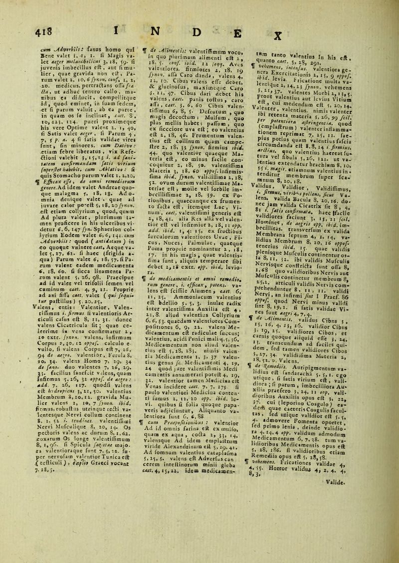N D E cum ^diverbiis: fatuis homo qtt! Bene valet i, i, i. Ii Magis va. lec aeger mtlancbolicut 3, 18, 59. (1 juvenis imbecillus e(t , aut fi mu- lier , quae gravida non eft, Pa- rum valet 1, 10, 6 fynon. conf, t, 4, -ao. medicus, pertraftans ofla/Vc fla, ut adhuc tenero callo, ma- ribus ea diducit, compellitque id, quod eminet, in fuam fedem, et fi parum valuit, ab ea parte, in quam os Te inclinat, cur. S, 10,113, 114. pueri proximeque his vere Optime valent i. 1, 40, fi Satis valet aeger , fi Parum 4 , 7, S p- a. 4 fi latis validae vires fnnt, fin minores, cum Dativo: etiam febre liberatus , vix Refe- ftioni valebit 3,15,13 ». atl fani, tatem confirmandam fatis virium fnperfict habebit, cum ^Ablativo : fi quis Stomacho parum valet 1,1,10, f Ejfftcax ejfe, de omni remediorum genere. Ad idem valet Andreae quo- que malagma 5, 18, 18. Ad o- mnia denique valet , quae ad juvare calor po-elt 5, 18, 10 fynon. eft etiam collyrium , quod, quum Ad plura valear, plurimum ta- men proficere in his ulceribus vi- detur 6. 6, 147 fyn. Sphaerion col- lyrium Eodem valet 6,6, iqi.cum iAdverbiis : quod ( antidotum ) in «o quoque vulnere caet. Aeque va. Iet5,i7> 61. fi haec (frigida a- jqua ) Parum valet 6, 18, 57. fi Pa- rum valent eadem medicamenta f, 18, 60. fi ficca linamenta Pa- rum valent 5, 16, 98. Praecipue ad id valet vel trifolii femen vel cuminum caet. 4, 9, n. Proprie ad ani fifia caet. valet ( qui fequi• fur paltillus ) 5, 40,13. Valens, entis: Valentior, Valen- tilTimus i. firmus fi valentioris Ar- ticuli cafus elt 8, 11, 31. donec valens Cicatricula fit ; quae ce- lerrime i* vena confirmatur 1 , io extr. fynon. valens, infirmum Corpus J,jo, ii oppof. calculo e vullo, fi valens Corpus eft 7, 16, 94 de aegro, valentior, Perula S, io, 34. valens Homo 7, 19, 34 de fano, duo valentes 7, 16, 49. 33. facilius fanefeit valens, quam Infirmus 5.46, 34 oppof. de aegro : add. 7, 46, 117. quodfi valens eft hydropicus 3,41,50. valentius Membrum 8,10.14. gravida Mu- lier valens 4, 10, 7 fynon. ibid. firmus, robuft is utrinque refti va- lentesque Nervi collum continent 8. 1, 54 i. tendines, valentifiimi Nervi Mufculique 8, 40, 14. Os pedoris valens ac durum 8, 1,62. .coxarum Os longe Valentillimum 8, 1,96. fi Spicula faustae unajo. *a valentioraque funt 7,5,44. fu- per nervofam valentior Tunica eft ,( tefticuli ) , ^tcplbr Graeci vocant 7' »8,5. IT de ..Alimentis: valentiflimum voco» in quo plurimum alimenti elt 4, 18, 5. conf. ivid. 14 /<?y. Aves valentiores. firmiores 2, 18, 19 fynon. afta Caro danda , valens 4, 11, 10. Cibus valens efie debet, & glutinofus, maximeque Caro i' 2I» 47- Cibus dati debet his valens , caet. panis tottus , caro alfa , caet. 3, 6, 6o Cibus valen- tillimus 6, 8, 5. Defrutum , quo magis decodum : Mulfum , quo plus mellis habett paflum , quo ex ficcciore uva eft ; eo valentius elt 2, 18, 46. Frumentum valen- tius eft collinum quam campe- itre 2, 18, 33 fynon. firmius tbii. 44- quo valentior quaeque Ma- teria eft , eo minus facile con- coquitur 2, 18, 5®. valentiflima Materia 3, 18, 60 oppoj. infirmis- fima ibid. fynoit. validiliima 4,18, 54. ovum durum valentifiimae Ma- teriae eft, moile vel lorbile im- bccilliflimae 4, 18, 39. ex Po- tionibus , quaecunque ex frumen- to fada eit, itemque Lac, Vi- num , caet. valenciflimi generis eft 4, 18,41. alia Res alia vel valen- tior eft vel infirmior 4, 18, 11 opp. add. ibtd. 1,4: 15, ex frudibus lurculorum valentiores Uvae , Fi- cus, Nuces, Palmulae, quaeque Poma proprie nominantur 4, 18, 17. in his magis, quae valentis- fima funt , aliquis temperare libi debet 4, 18 excr. opp. ibid. levio- ra. ^1 de medicamentis et omni remedio, rum genere , i. efficax , potens, va- lens eft fciflile Alumen t caet 6, 41,45. Ammoniacum valentius elt bdellio j, 5, 3. inulae radix inter valentifiima Auxilia elt 4 , 44,8. aliud valentius Collyrium 6, 6, .53. quaedam valentiores Com- poficiones 6, 9, 41. valens Me- dicamentum eft radiculae fuocus; valentius, acidi Punici mali 4,3, 36. Medicamentum non aliud valen- tius eft 5,48, 183. nimis valen- tia Medicamenca 1, 3, 37 valen- tius genus fc. Medicamenti 4, 19, 44 quod jure valentillimis Medi camentis annumerari potelt 4, 19, 31. valentior tamen Medicina eft Venas incidere cael. 7, 7, 175. fi paulo valentioti Medicina conten- ti fumus 4, 14, 40 opp. ibid. le- vi. quibus fi folia quoque papa- veris adjiciuntur. Aliquanto va- lentiora funt G, 6,88 T[ cum Praepofitionibus : valentior Ad id omnis farina eft ex mullo, quam ex aqua, coda 2, 33, Valensque Ad idem emplaftium viride Alexandrinum eft 3,19,41. Ad foranum valentius catjplafma 5,43,5. valens eft Aclverfus can cerem inreltinorum minii gleba £«1-4,13,12. ideaa medicaaen- lnm tant° valentius In his eft quanto caet. 3.23, 2  * ^ner/T’ ’>»*/«■ valentior, gc- la r ncatione multa va- , 4,quc 4, 14, 43 fynon. vehemens • > 37- valentes Morbi 4, 13,5. Prout valentius aut levius Vitium Vai» Clu m,e^ench‘m elt 5, 10,14. - uter, valentius, nimis valenter bi «tenta maceria s, 16, 99 /eil. ar* quod (cmplaftrum ) valenter inflamma- tionem reprimat 7, 45, X1, fae_ pius potius quam Valentius fafeia circumdanda eit 8,8, I4 , Tu» 1 2l'°,valent>‘>s haereat fu- tura vel fibula 5,16, 11,. „t va- Jentwis extendatur brachium 8. 10. 5 5 1. magis, «damnum valentius in- tenditur membrum fuper fca- nanum 8, 40, ,8. * Validus, Validior, VaHdiflimus, . firmus^ vtrtb+ej pollens, ficut Va- lens, valida Bacula 8. 40, i<s. do- oec jam valida Cicatrix flt 8, 4, VnUA- c°nJ’.rma,a- haec Ifaclle validiores faciunt 3, it, 21 fi,7 bedllft*’ d‘ a‘irisrW- ibii-im' Memi *ransverfllm ex valida Membrana feptum 4, 1, 14, va- lidius Membrum 8, 20, 16 oppof. tenenus ibid , 5. quae plemsque Mufculis conti nentur os- N,,™11’ U‘ ibi valiclis Mufculis «ervisque conltrida funt ofla 8, validioribus Nervis aut MiifcuJjs continetur membrum 8, -5.4. articuli validis Nervis com- prehenduntur 8 . validi «ervi, au infirmi fmt I praef. 86 oppefi. quod Nervi minus validi ««8,19,2. h fatis validae Vi- res Iu ut aegri 4,7,4.  de Amentis, validus Cibns 3 , 15. 16, 4, i3( ,6. validior Cibus* *’ '9, validiores Cibos, et carnis quoque aliquid efle 3, 44. M- transeundum ad faciles qui- dem , led tamen validiores Cibos o 7’ 54- validiflima Materia 4. 18. 54. v. Valens. ’  UA:^em,liiir Auripigmentum va- lidius elt fandarach.i 5, 5,i.Cpo utique, fi fatis virium eft, vali- d!?.ra <  Parum , imbecilliora Au- xilia praefero 3, 14, Ii onp, vali- dioribus Auxiliis opus eft 3, 2t 37- cui (leporino Coagulo; ea- dem quae caeteri, Coagulis facul- tas , fed utique validior eft 5, 3, 4- admovere Fomenta oportet led primo lenia , deinde validio- I,*.14,4 W- vaftrtum admodum Medicamentum 6, 7. 38. tum va- lidioribus Medicamentis opus eft 5. 48, 186. fl validioribus etiam Remediis opus eft 5, 28,58. IT vehemens. Fricationes validae 4, 4, 55- Horror validu* 4, 2, 4, 4, 3> Valide-