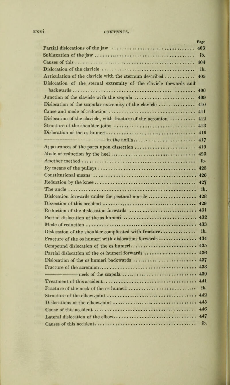 Page Partial dislocations of the jaw 403 Subluxation of the jaw ib. Causes of this 404 Dislocation of the clavicle ib. Articulation of the clavicle with the sternum described 405 Dislocation of the sternal extremity of the clavicle forwards and backwards 406 Junction of the clavicle with the scapula 409 Dislocation of the scapular extremity of the clavicle 410 Cause and mode of reduction 411 Dislocation of the clavicle, with fracture of the acromion 412 Structure of the shoulder joint 413 Dislocation of the os humeri 416 in the axilla 417 Appearances of the parts upon dissection 419 Mode of reduction by the heel 423 Another method ib. By means of the pulleys 425 Constitutional means 426 Reduction by the knee 427 The ancle ib. Dislocation forwards under the pectoral muscle 428 Dissection of this accident 429 Reduction of the dislocation forwards 431 Partial dislocation of the os humeri 432 Mode of reduction 433 Dislocation of the shoulder complicated with fracture ib. Fracture of the os humeri with dislocation forwards 434 Compound dislocation of the os humeri 435 Partial dislocation of the os humeri forwards 436 Dislocation of the os humeri backwards 437 Fracture of the acromion 438 neck of the scapula 439 Treatment of this accident 441 Fracture of the neck of the os humeri ib. Structure of the elbow-joint 442 Dislocations of the elbow-joint 445 Cause of this accident 446 Lateral dislocation of the elbow 447 Causes of this accident ib.
