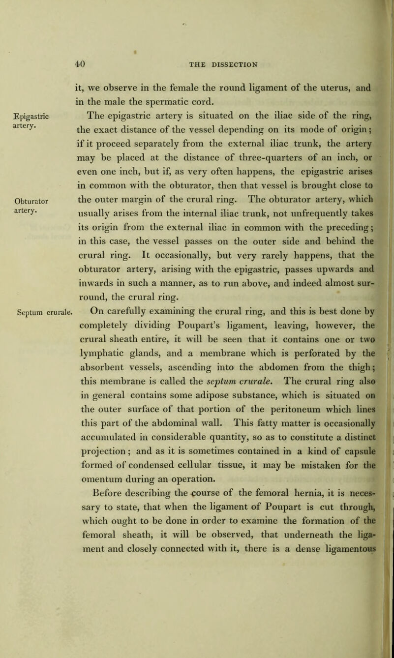 Epigastric artery. Obturator artery. Septum crurale. it, we observe in the female the round ligament of the uterus, and in the male the spermatic cord. The epigastric artery is situated on the iliac side of the ring, the exact distance of the vessel depending on its mode of origin; if it proceed separately from the external iliac trunk, the artery may be placed at the distance of three-quarters of an inch, or even one inch, but if, as very often happens, the epigastric arises in common with the obturator, then that vessel is brought close to the outer margin of the crural ring. The obturator artery, which usually arises from the internal iliac trunk, not unfrequently takes its origin from the external iliac in common with the preceding; in this case, the vessel passes on the outer side and behind the crural ring. It occasionally, but very rarely happens, that the obturator artery, arising with the epigastric, passes upwards and inwards in such a manner, as to run above, and indeed almost sur- round, the crural ring. On carefully examining the crural ring, and this is best done by completely dividing Poupart’s ligament, leaving, however, the crural sheath entire, it will be seen that it contains one or two lymphatic glands, and a membrane which is perforated by the absorbent vessels, ascending into the abdomen from the thigh; this membrane is called the septum crurale. The crural ring also in general contains some adipose substance, which is situated on the outer surface of that portion of the peritoneum which lines this part of the abdominal wall. This fatty matter is occasionally accumulated in considerable quantity, so as to constitute a distinct projection; and as it is sometimes contained in a kind of capsule formed of condensed cellular tissue, it may be mistaken for the omentum during an operation. Before describing the course of the femoral hernia, it is neces- sary to state, that when the ligament of Poupart is cut through, which ought to be done in order to examine the formation of the femoral sheath, it will be observed, that underneath the liga- ment and closely connected with it, there is a dense ligamentous