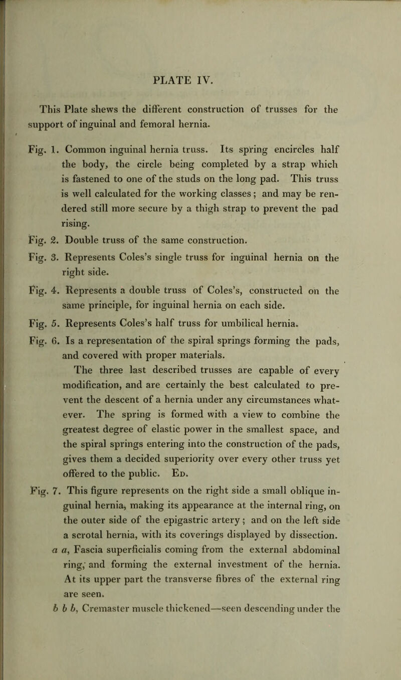 This Plate shews the different construction of trusses for the support of inguinal and femoral hernia. Fig. 1. Common inguinal hernia truss. Its spring encircles half the body, the circle being completed by a strap which is fastened to one of the studs on the long pad. This truss is well calculated for the working classes; and may be ren- dered still more secure by a thigh strap to prevent the pad rising. Fig. 2. Double truss of the same construction. Fig. 3. Represents Coles’s single truss for inguinal hernia on the right side. Fig. 4. Represents a double truss of Coles’s, constructed on the same principle, for inguinal hernia on each side. Fig. 5. Represents Coles’s half truss for umbilical hernia. Fig. 6. Is a representation of the spiral springs forming the pads, and covered with proper materials. The three last described trusses are capable of every modification, and are certainly the best calculated to pre- vent the descent of a hernia under any circumstances what- ever. The spring is formed with a view to combine the greatest degree of elastic power in the smallest space, and the spiral springs entering into the construction of the pads, gives them a decided superiority over every other truss yet offered to the public. Ed. Fig. 7. This figure represents on the right side a small oblique in- guinal hernia, making its appearance at the internal ring, on the outer side of the epigastric artery; and on the left side a scrotal hernia, with its coverings displayed by dissection. a a, Fascia superficial^ coming from the external abdominal ring,' and forming the external investment of the hernia. At its upper part the transverse fibres of the external ring are seen. b b b, Cremaster muscle thickened—seen descending under the