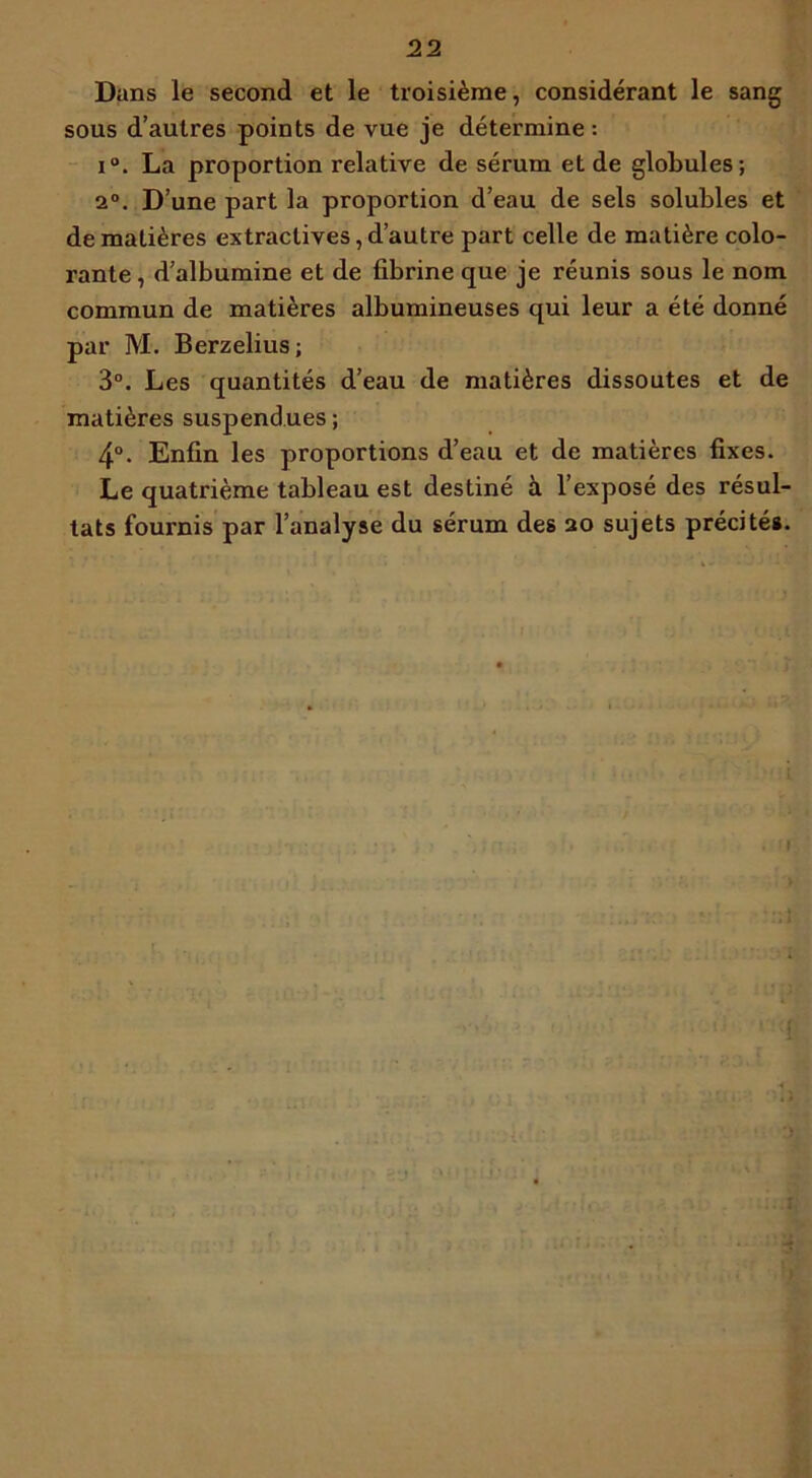 Dans le second et le troisième, considérant le sang sous d’autres points de vue je détermine: i°. La proportion relative de sérum et de globules; 2°. D’une part la proportion d’eau de sels solubles et de matières extractives, d’autre part celle de matière colo- rante , d’albumine et de fibrine que je réunis sous le nom commun de matières albumineuses qui leur a été donné par M. Berzelius; 3°. Les quantités d’eau de matières dissoutes et de matières suspendues ; 4°. Enfin les proportions d’eau et de matières fixes. Le quatrième tableau est destiné à l’exposé des résul- tats fournis par l’analyse du sérum des 20 sujets précités.