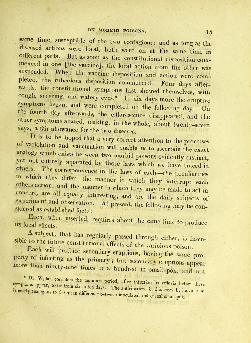 same time, susceptible of the two contagions; and as long as the diseased actions were local, both went on at the same time in different parts. But as soon as the constitutional disposition com- menced in one [the vaccine], the local action from the other was suspence . When the vaccine disposition and action were com- pleted, the rubeolous disposition commenced. Four days after- wards, the constitutional symptoms first showed themselves, with cough, sneezing, and watery eyes* In six days more the eruptive symptoms began, and were completed on the following day. On the fourth day afterwards, the efflorescence disappeared, and the other symptoms abated, making, in the whole, about twenty-seven days, a fair allowance for the two diseases. nf vo ' i fl° boPed *bat a very correct attention to the processes of variolation and vaccination will enable us to ascertain the exact a Ogy W ich exists between two morbid poisons evidently distinct, other? T, y Separated by thoSe laws wbich have traced in others The correspondence in the laws of eacli-the peculiarities m which they differ-the manner in which they interrupt eS concert a,re1’alind “T, manner “ wW<*.they ma? be made to in ncert, aie all equally interesting, and are the daily subjects of isriSiiss:-Ai m *•— its loSTefect6'1 inSerted’ reqUireS ab0Ut the Same time t0 .. 1 f S!!bjef> that llas regularly passed through either is insen sibleto the future constitutional effects of the various pm” nertvofb 7 • Produe® secondary eruptions, having the same pro- more than eC 1 ? ^ 1 6 pnmary ’ but secondary eruptions appear more than nmety-mne times in a hundred in small-pox, and not ~ :§. “ W effluvia before ibeee