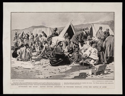 Succouring the enemy : British troops attending to wounded Tibetans after the battle of Guru / drawn by  F. de Haenen from a photograph by a British Officer.