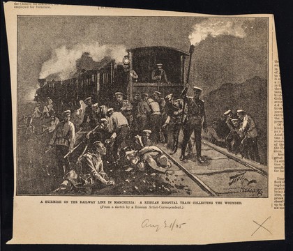 A skirmish on the railway line in Manchuria : a Russian hospital train collecting the wounded (from a sketch by a Russian artist-correspondent).