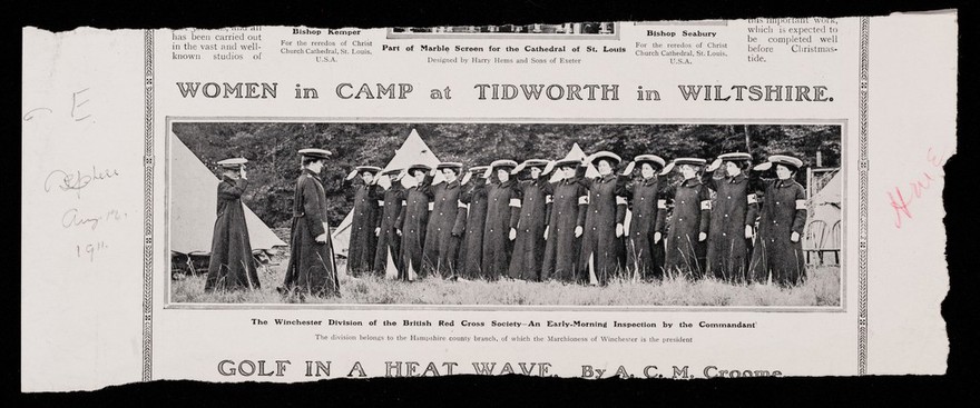 Women in camp at Tidworth in Wiltshire : the Winchester division of the British Red Cross Society - an early morning inspection by the commandant.