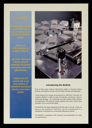 The BioPick : a fully automatic colony picking robot / BioRobotics ; sold by genetix Limited.