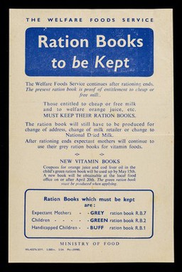 Ration books to be kept : the Welfare Foods Service continues after rationing ends. The present ration book is proof of entitlement to cheap or free milk / Welfare Foods Service.