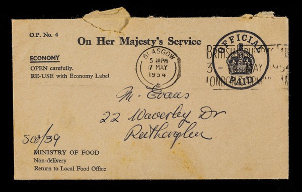 On Her Majesty's Service : Economy. Open carefully. Re-use with economy label / Ministry of Food.