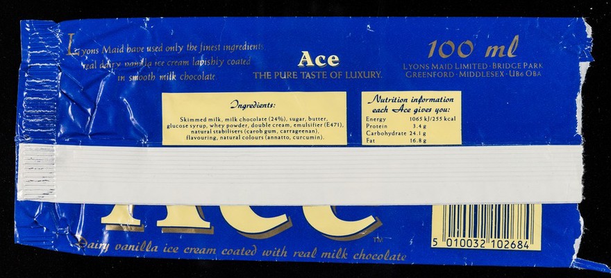 Ace : dairy vanilla ice cream coated with real milk chocolate / Lyons Maid Limited.