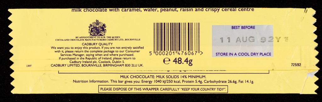 Cadbury's Picnic : milk chocolate with caramel, wafer, peanut, raisin and crispy cereal centre / Cadbury Limited.