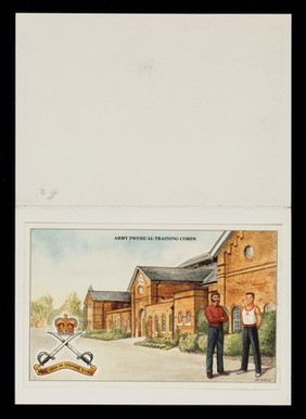 Army Physical Training Corps : instructors 1860 and 1991 : background: Fox Gym, Aldershot / from a watercolour painting by Christopher A. Collins.