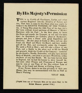 [Leaflet advertising performances by a man with no arms at the Coach and Horses at Charing Cross. from one of valerius's bills originally printed in 1716].