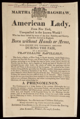 [Leaflet advertising appearances by Miss Honeywell, an American lady born without hands, at 32 Piccadilly, London (1811?)].