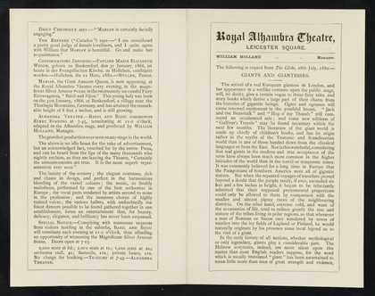 [Leaflet advertising a performance by Marian, the Amazon giantess at the Royal Alhambra Theatre, Leicester Square in London on 28 July 1882].