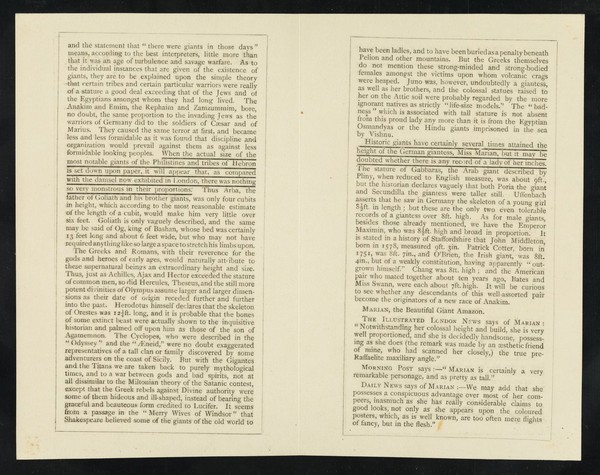 [Leaflet advertising a performance by Marian, the Amazon giantess at the Royal Alhambra Theatre, Leicester Square in London on 28 July 1882].