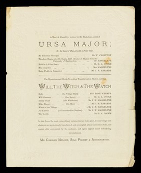 [Theatre programme for performances at the Egyptian Hall, Piccadilly, London by Maskelyne & Cooke, the Royal illusionists and anti-spiritualists with 4 plays (one about quack doctors : Decapitation, or no cure, no pay) and a display of Chinese plate dancing. Advert for E. Rimmel's perfumes and choice novelties on the back].