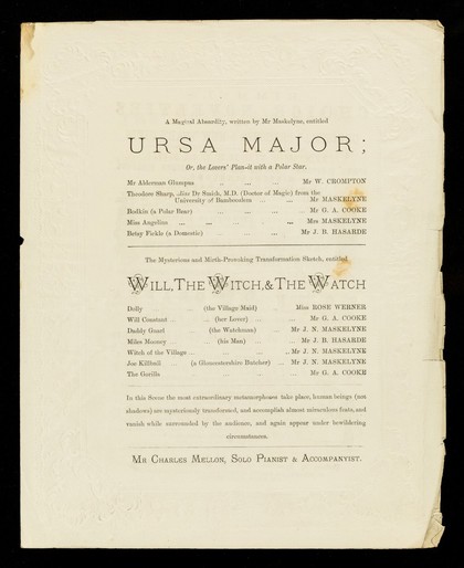 [Theatre programme for performances at the Egyptian Hall, Piccadilly, London by Maskelyne & Cooke, the Royal illusionists and anti-spiritualists with 4 plays (one about quack doctors : Decapitation, or no cure, no pay) and a display of Chinese plate dancing. Advert for E. Rimmel's perfumes and choice novelties on the back].