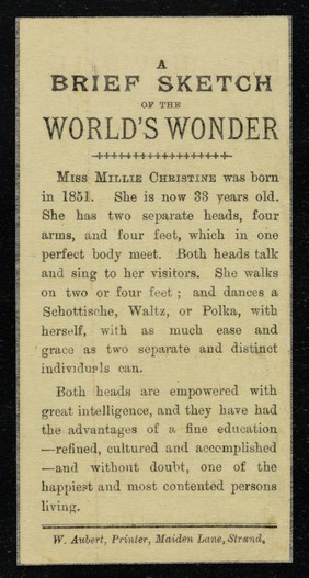 [Small handbill advertising Millie Christine, the Two-Headed Nightingale, and Harvey's Midges (smallest people in the world), appearing at the Piccadilly Hall, London].