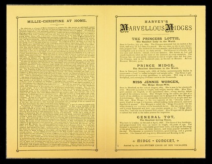 [Folded handbill on yellow paper advertising Millie Christine, the Two-Headed Nightingale, and Harvey's Midges (smallest people in the world : Princess Lottie, Prince Midge, Miss Jennie Worgen and General Tot), appearing at the Piccadilly Hall, London, 17 February 1885].