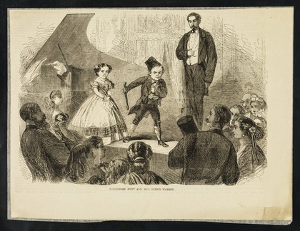 [Newspaper cutting (Illustrated Times, 24 December 1864?) of an engraving of "Commodore Nutt and Miss Minnie Warren" performing on a table to an audience of about 12 people].