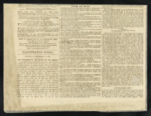 [Newspaper cutting (Illustrated Times, 24 December 1864?) of an engraving of "Commodore Nutt and Miss Minnie Warren" performing on a table to an audience of about 12 people].