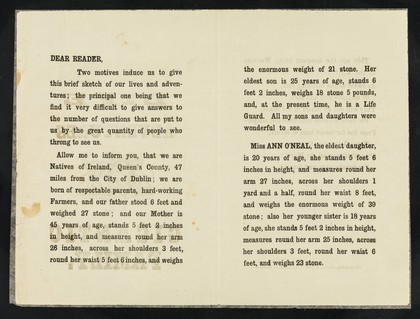 [Folded leaflet about "the life and adventures of the gigantic family" of Queen's County, Ireland. Ann O'Neal is the eldest daughter (also known as Ann O'Neill in other publications). "Gigantic" appears to mean very fat].