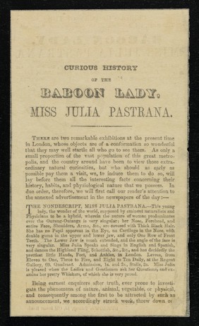 [Leaflet advertising exhibition of the curious history of Julia Pastrana, "The Baboon Lady" and the live two-in-one, or, double-bodied boy at Dr. Kahn's Museum. The boy is shown in the illustration. Julia Pastrana was also giving 'levees' at the Regent Gallery 3 times a day].