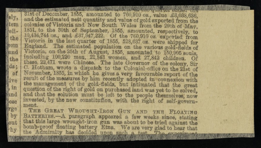 [Newspaper cutting advertising an entertainment organised by Albert Smith of views of a journey to Mont Blanc (painted by William Beverley) at the Egyptian Hall, Piccadilly, London].