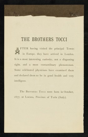 [Leaflet advertising appearances in London by The Brothers Tocci, conjoined twins, born in Locana, Italy in 1877].