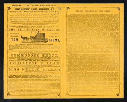 [Leaflet (1880?) advertising appearances by The Lilliputian Monarchs: the Australian General Tom Thumb and Commodore Knott at the Horns Assembly Rooms (Kennington, London, England). Printed on orange/yellow paper].