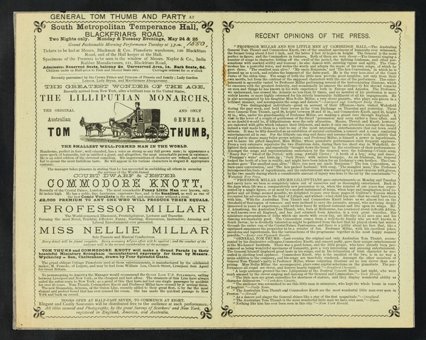 [Leaflet (1880?) advertising appearances by The Lilliputian Monarchs: the Australian General Tom Thumb and Commodore Knott at the Horns Assembly Rooms (Kennington, London, England). Printed on pale green paper].