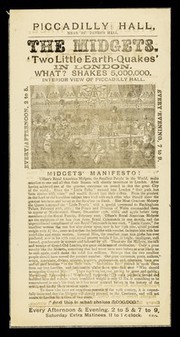 [Leaflet advertising appearances by Lucia Zarate and General Mite at the Piccadilly Hall, London ("The midgets, 'two little to earth-quakes')].