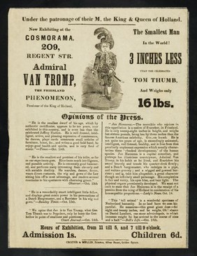 [Leaflet advertising appearances by Jan Hannema, Admiral van Tromp, the Friesland Phenomenon at the Cosmorama Rooms, 209 Regent Street, London (1849?)].