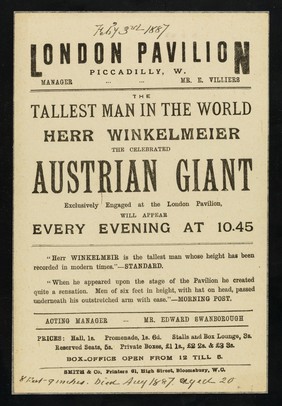 [Leaflet advertising appearances by Herr Winkelmeier at the London Pavilion in February 1887].